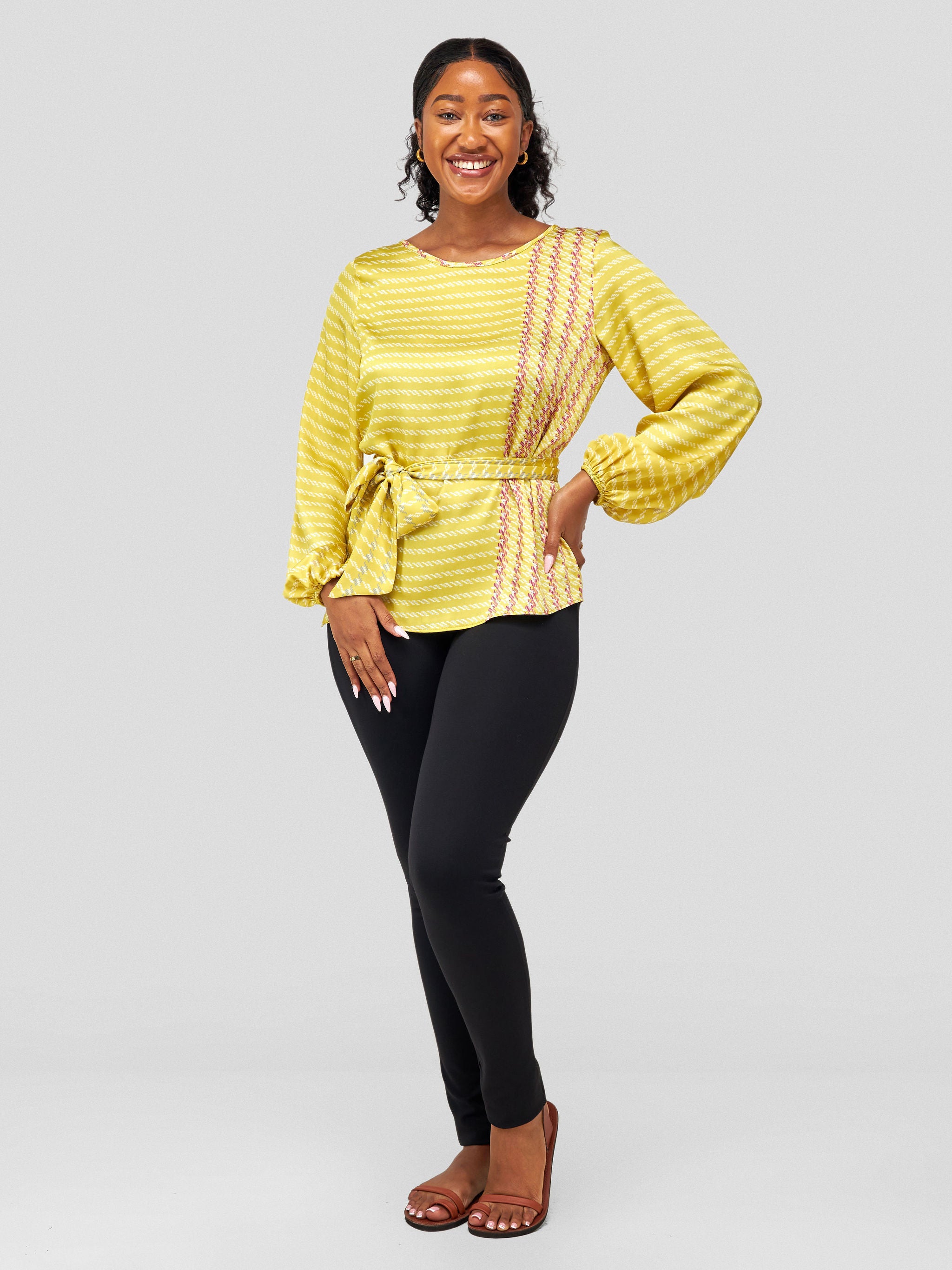 Vivo Basic Satin Bishop Sleeved Top - Yellow / White Abstract Print