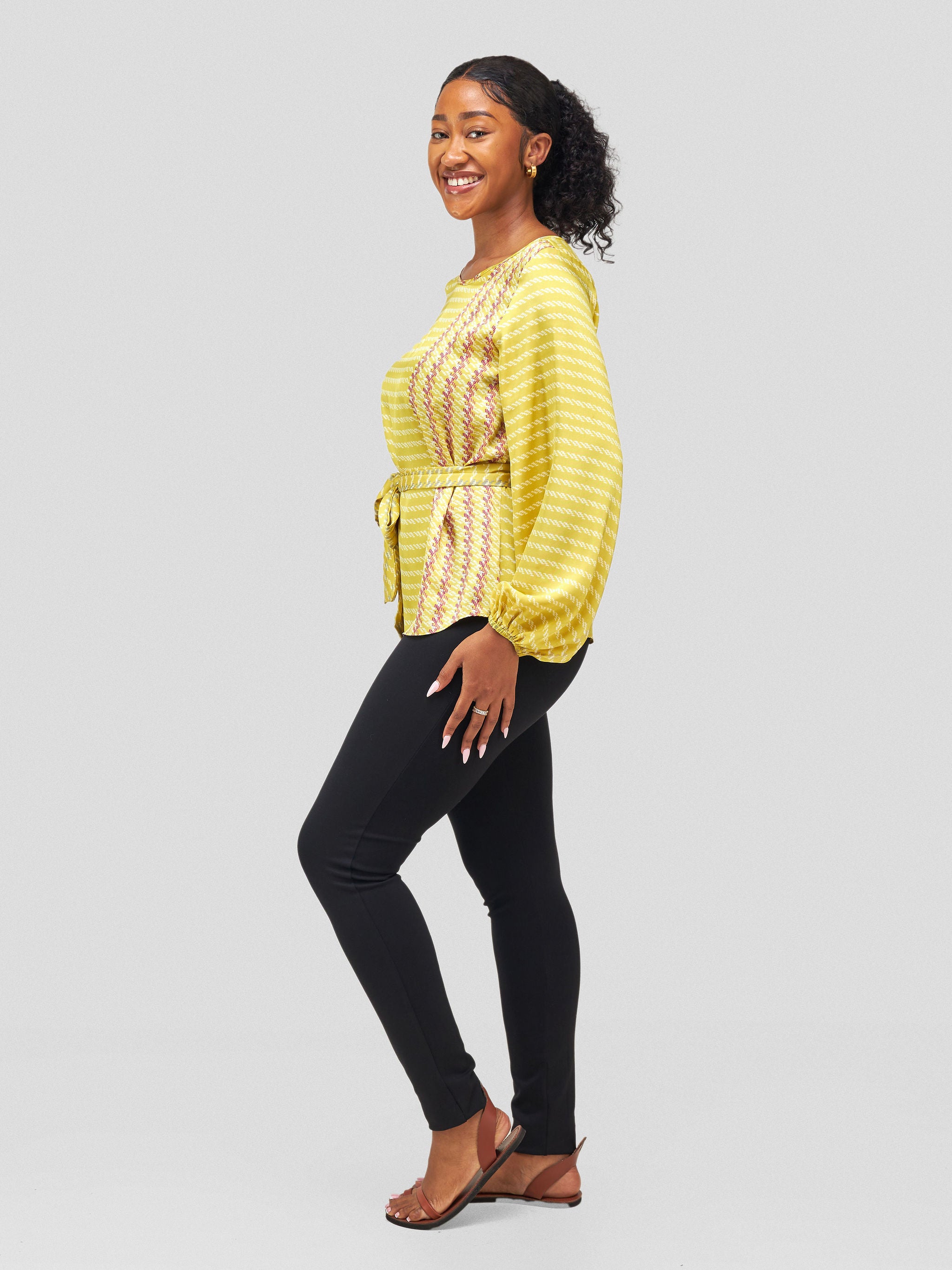 Vivo Basic Satin Bishop Sleeved Top - Yellow / White Abstract Print