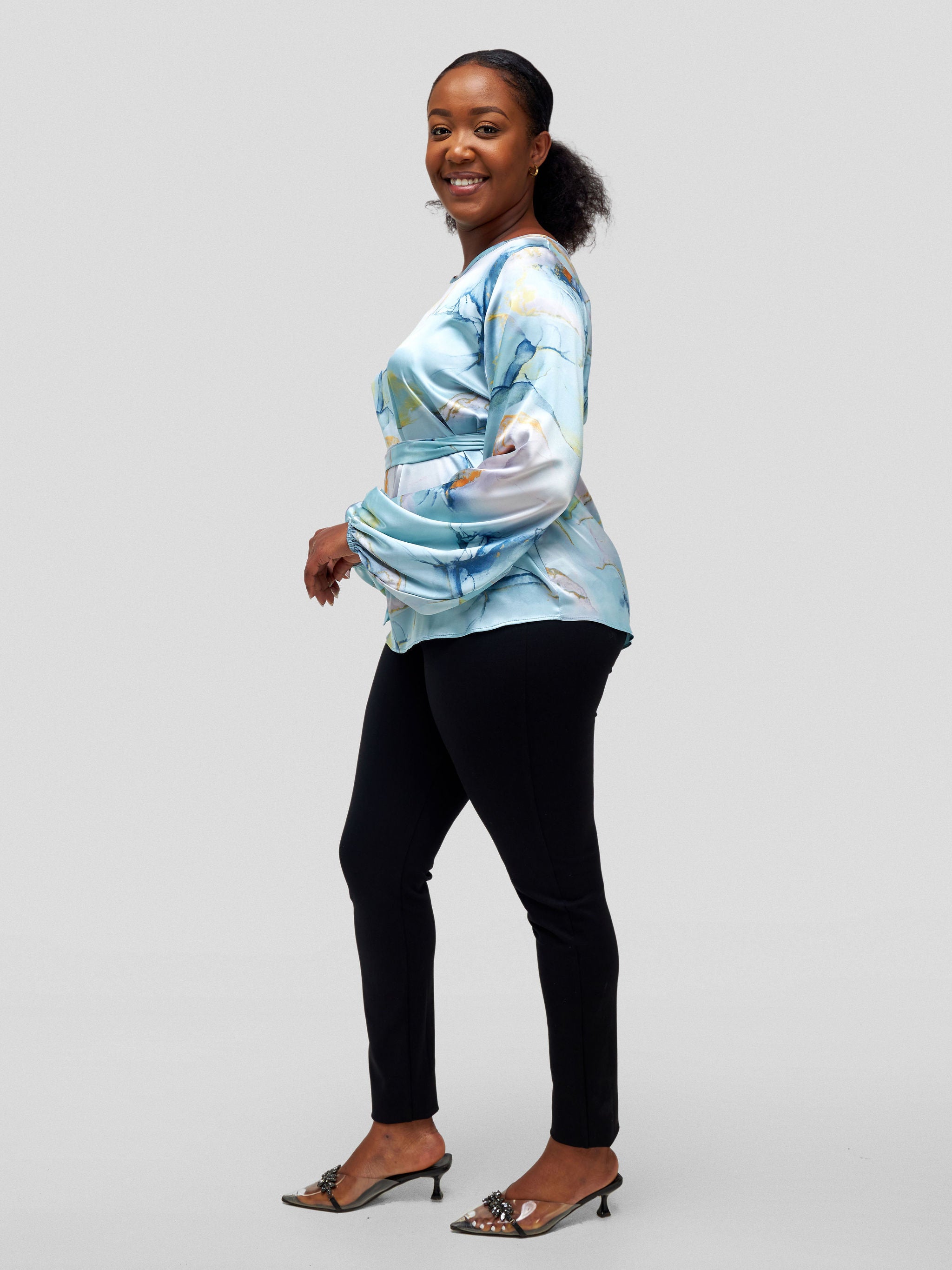 Vivo Basic Satin Bishop Sleeved Top - Light Blue / Grey Abstract Print
