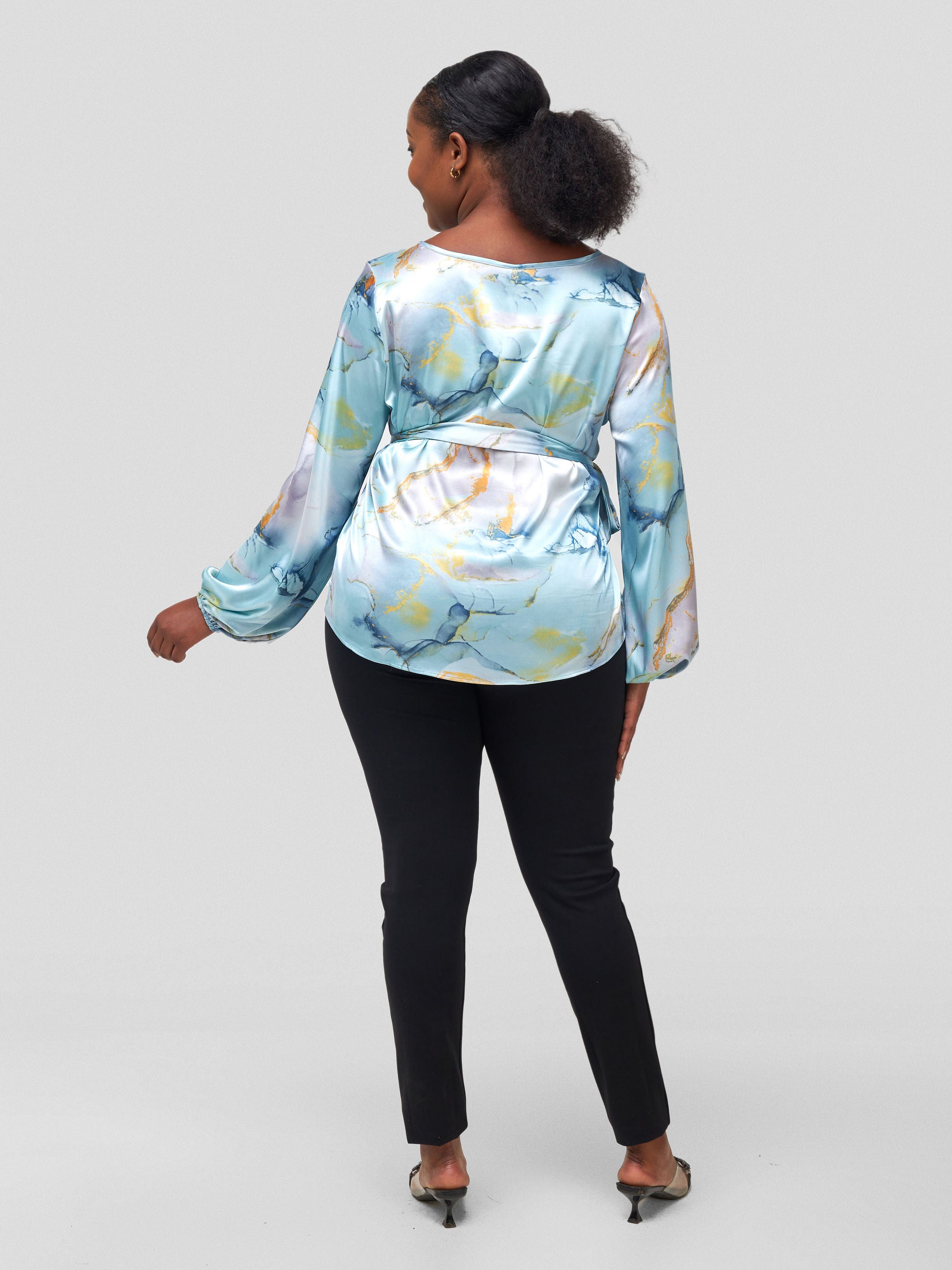 Vivo Basic Satin Bishop Sleeved Top - Light Blue / Grey Abstract Print