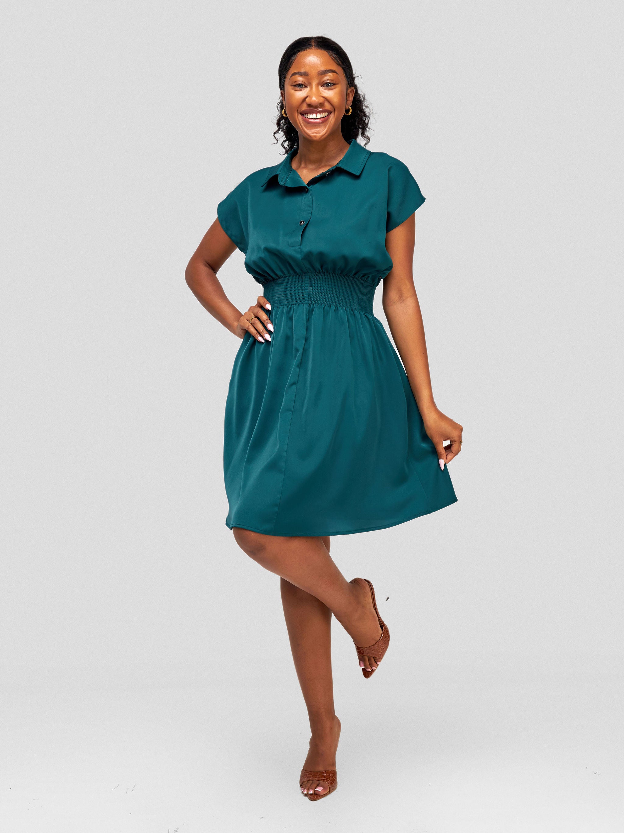 Vivo Zena Shirred Waist Shirt Dress - Dark Green