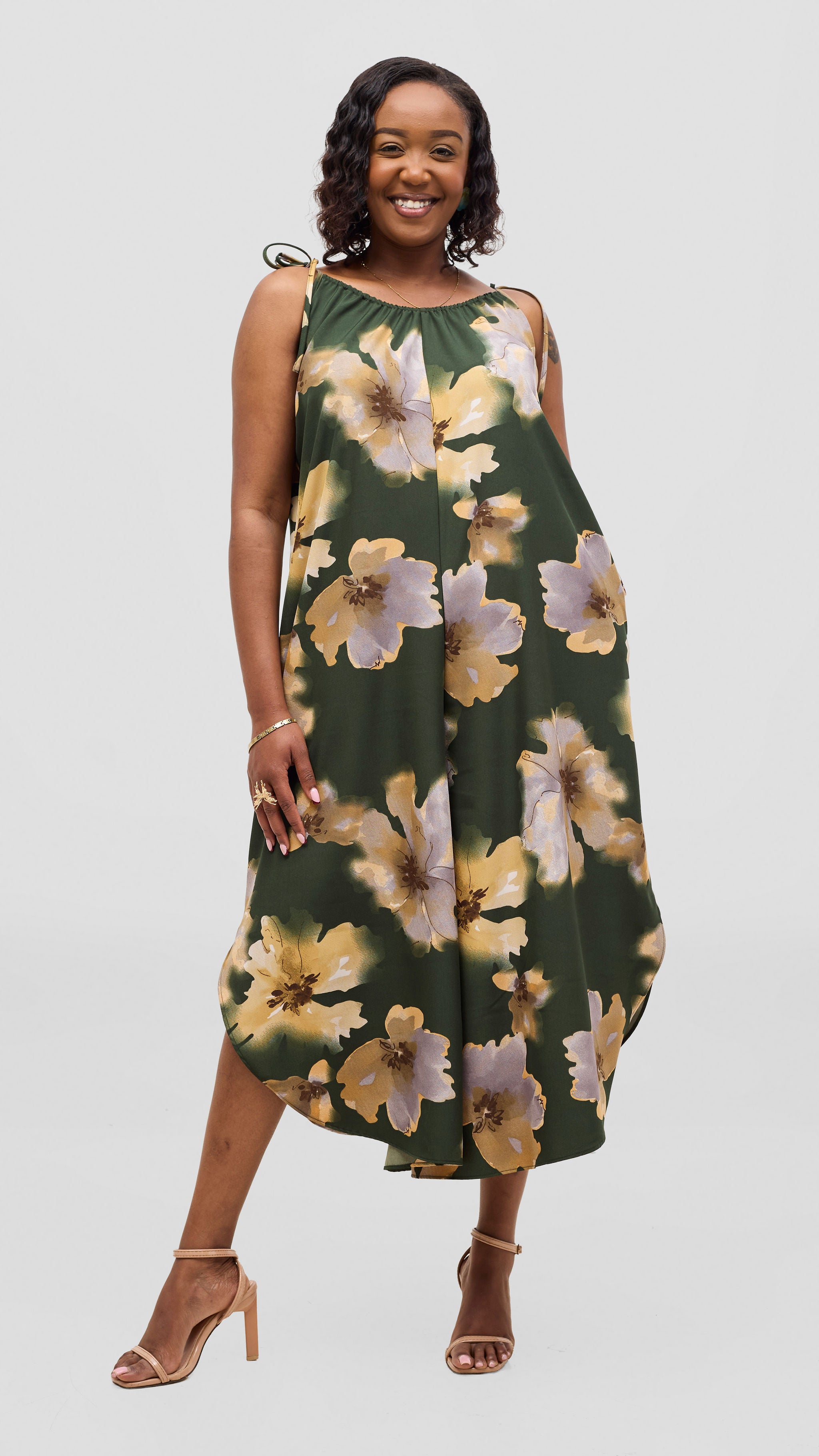 Vivo Liora Strappy Culotte Jumpsuit - Dark Green / Tan Print