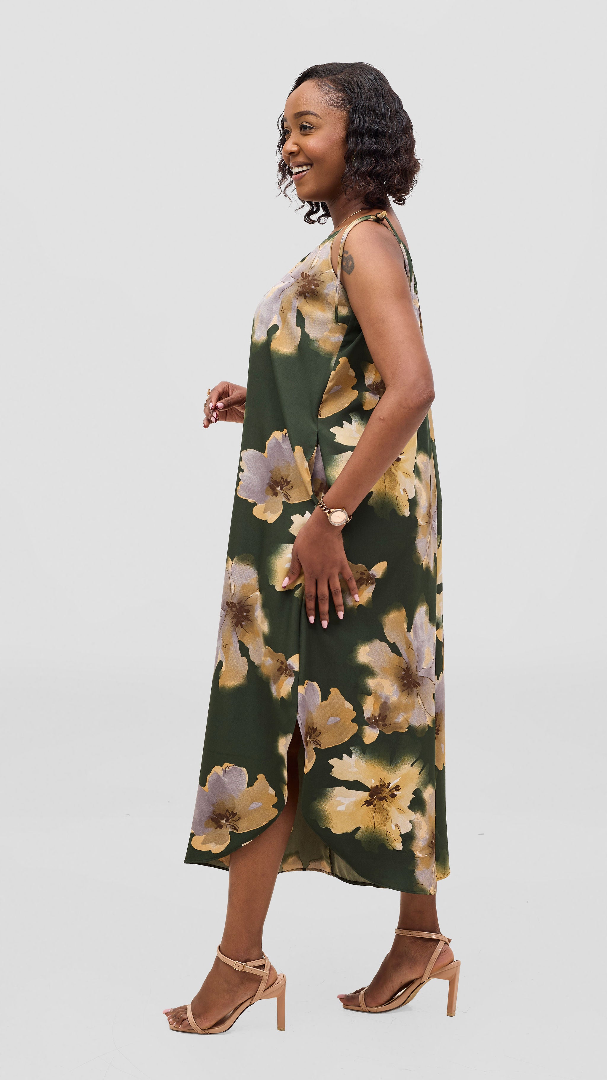 Vivo Liora Strappy Culotte Jumpsuit - Dark Green / Tan Print