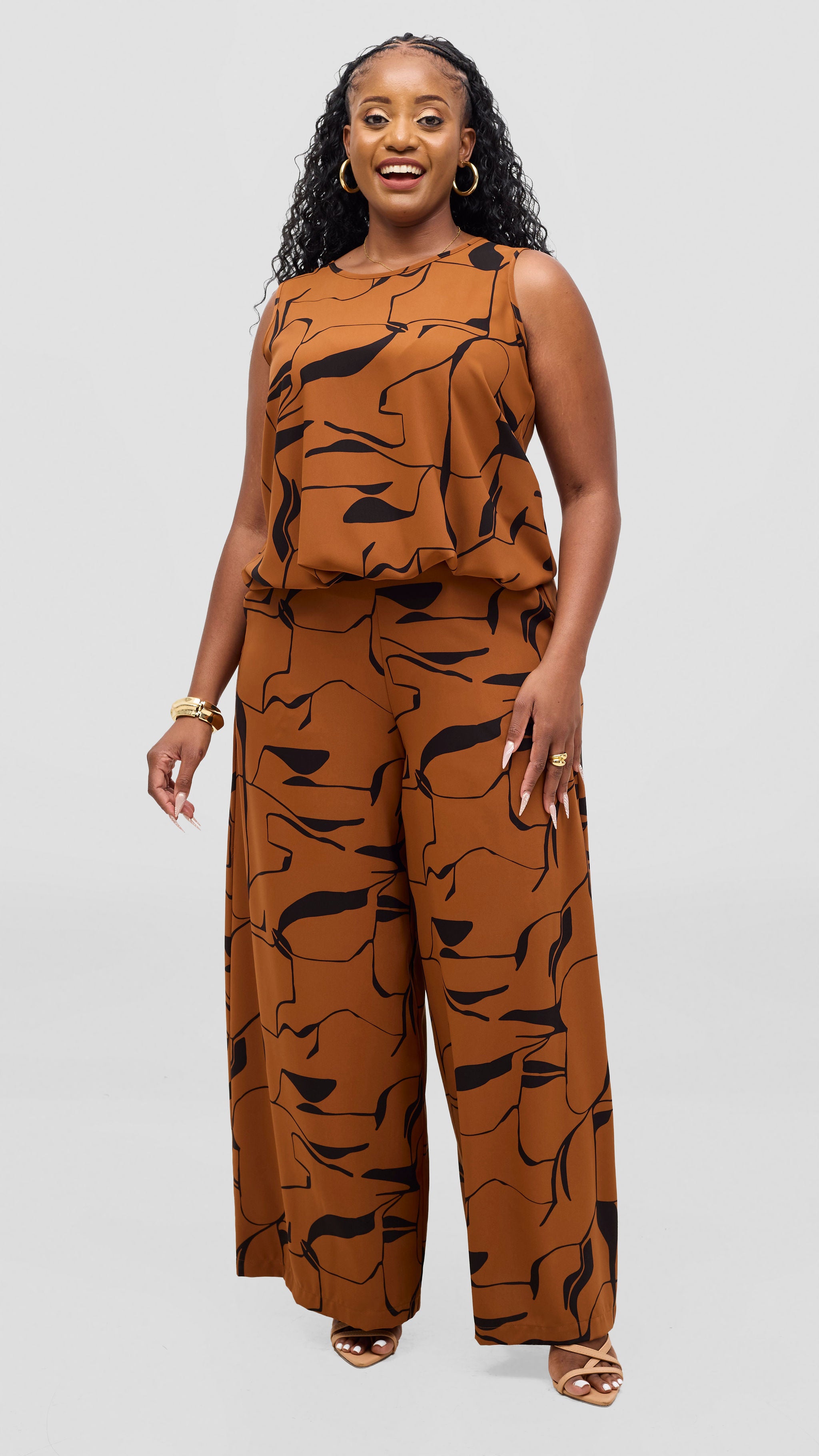 Vivo Liora Wide Leg Pants in Crepe - Rust / Black Ziza Print
