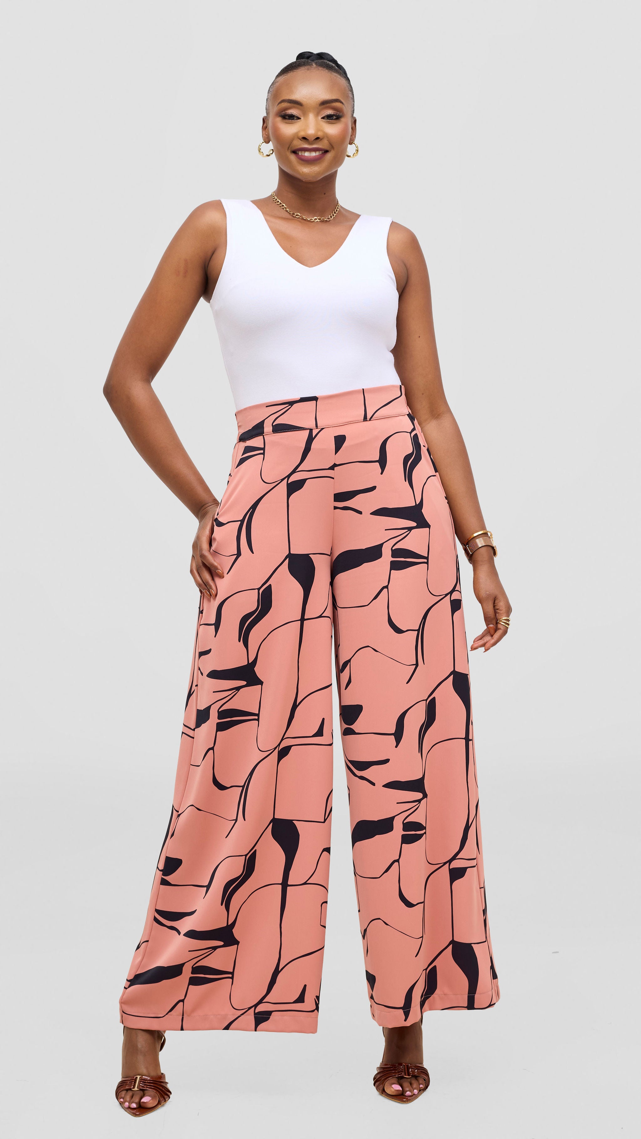 Vivo Liora Wide Leg Pants in Crepe - Coral / Navy Ziza Print