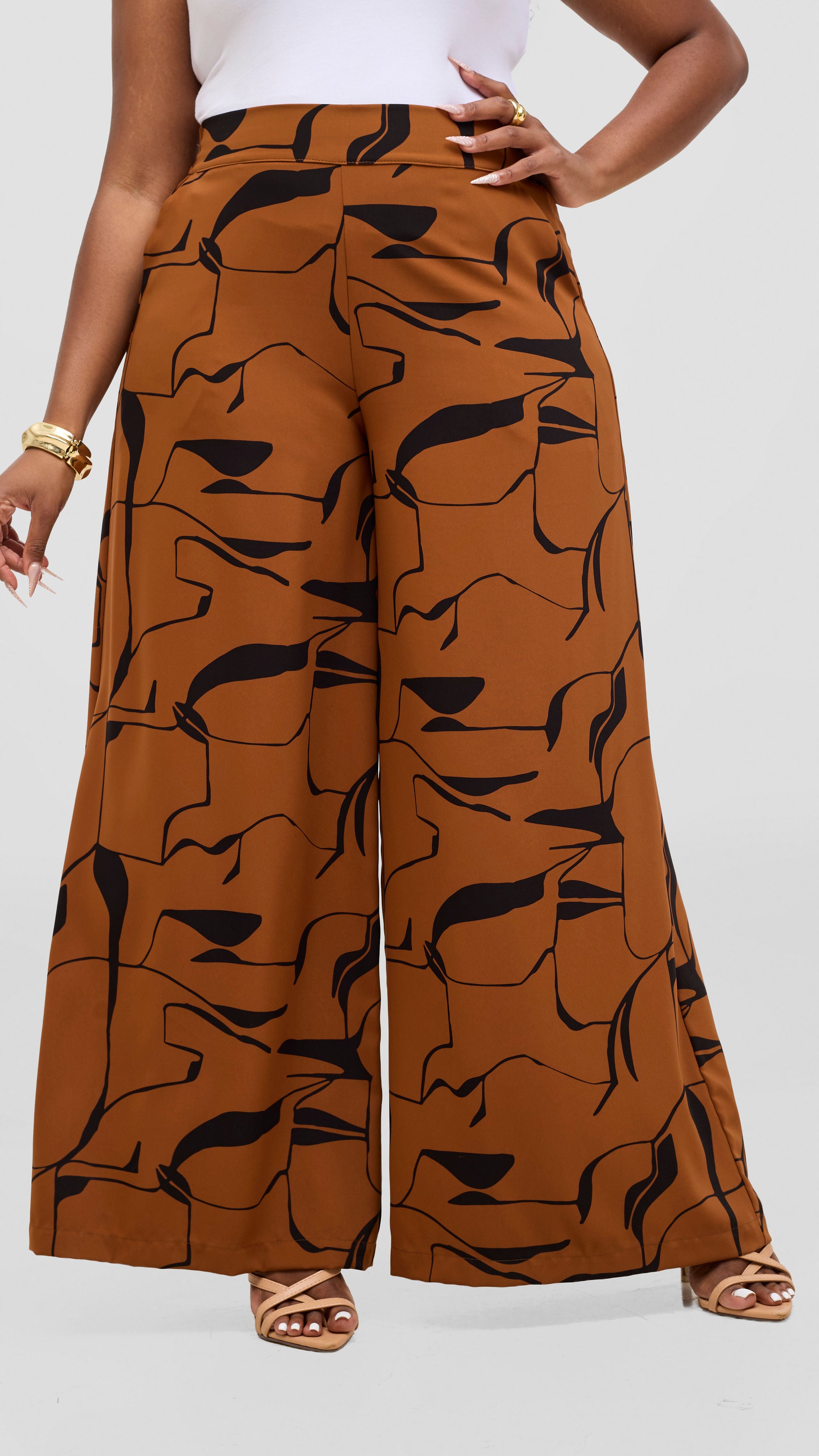 Vivo Liora Wide Leg Pants in Crepe - Rust / Black Ziza Print
