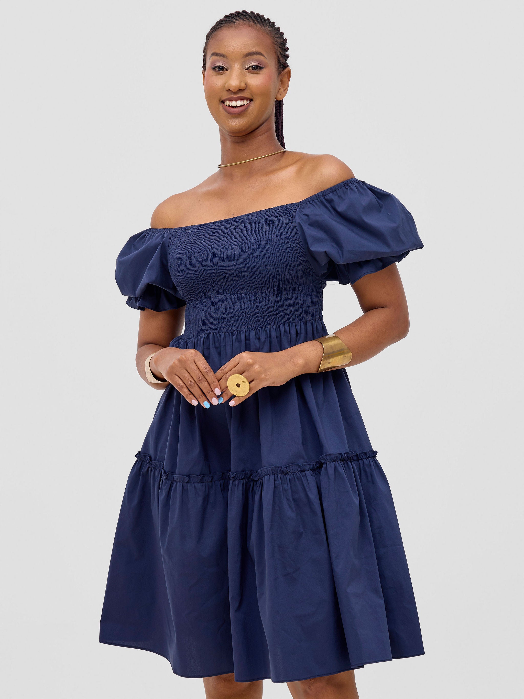 Safari Mara Shirred Bishop Sleeve Dress - Navy