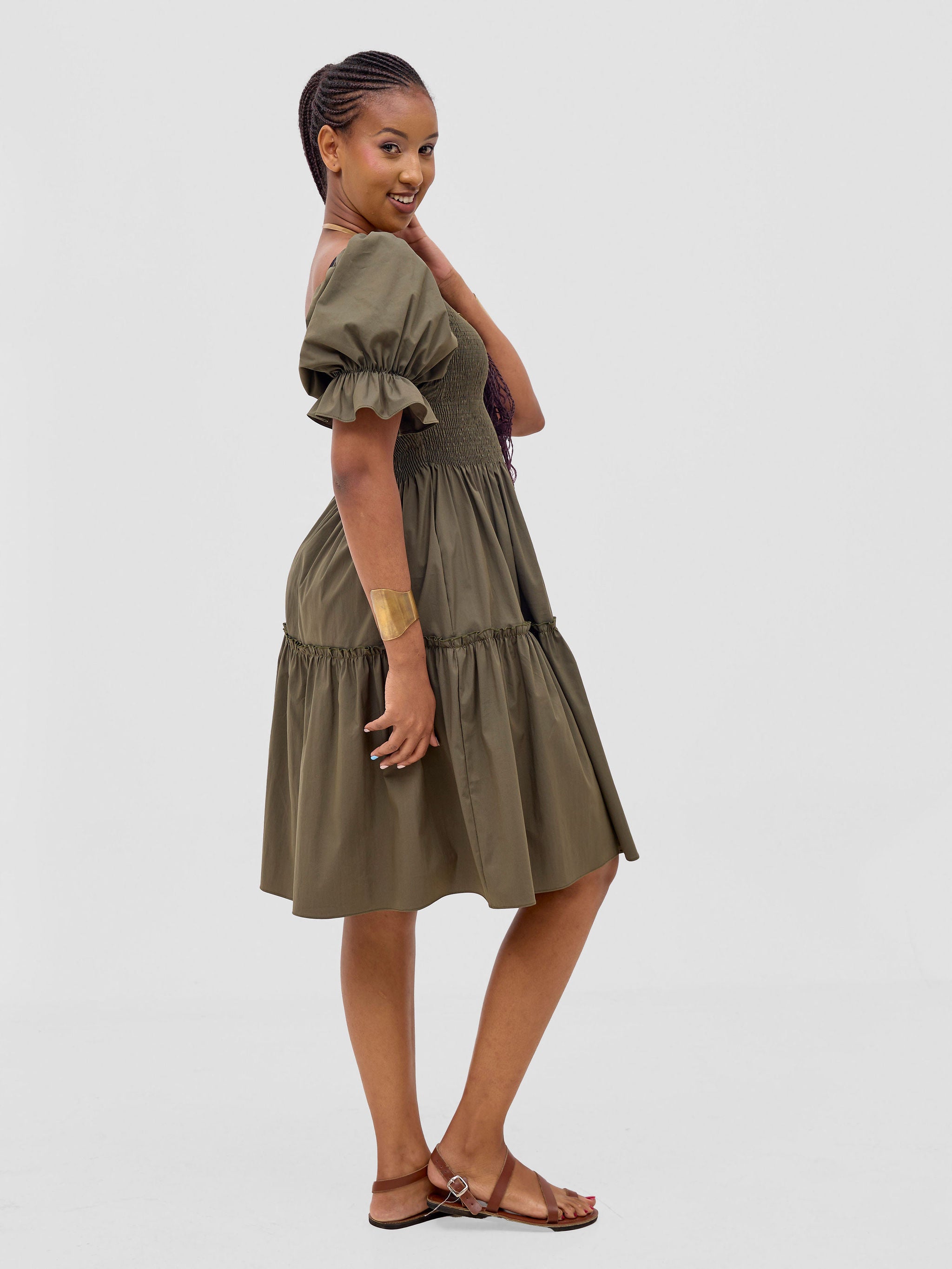 Safari Mara Shirred Bishop Sleeve Dress - Hunters