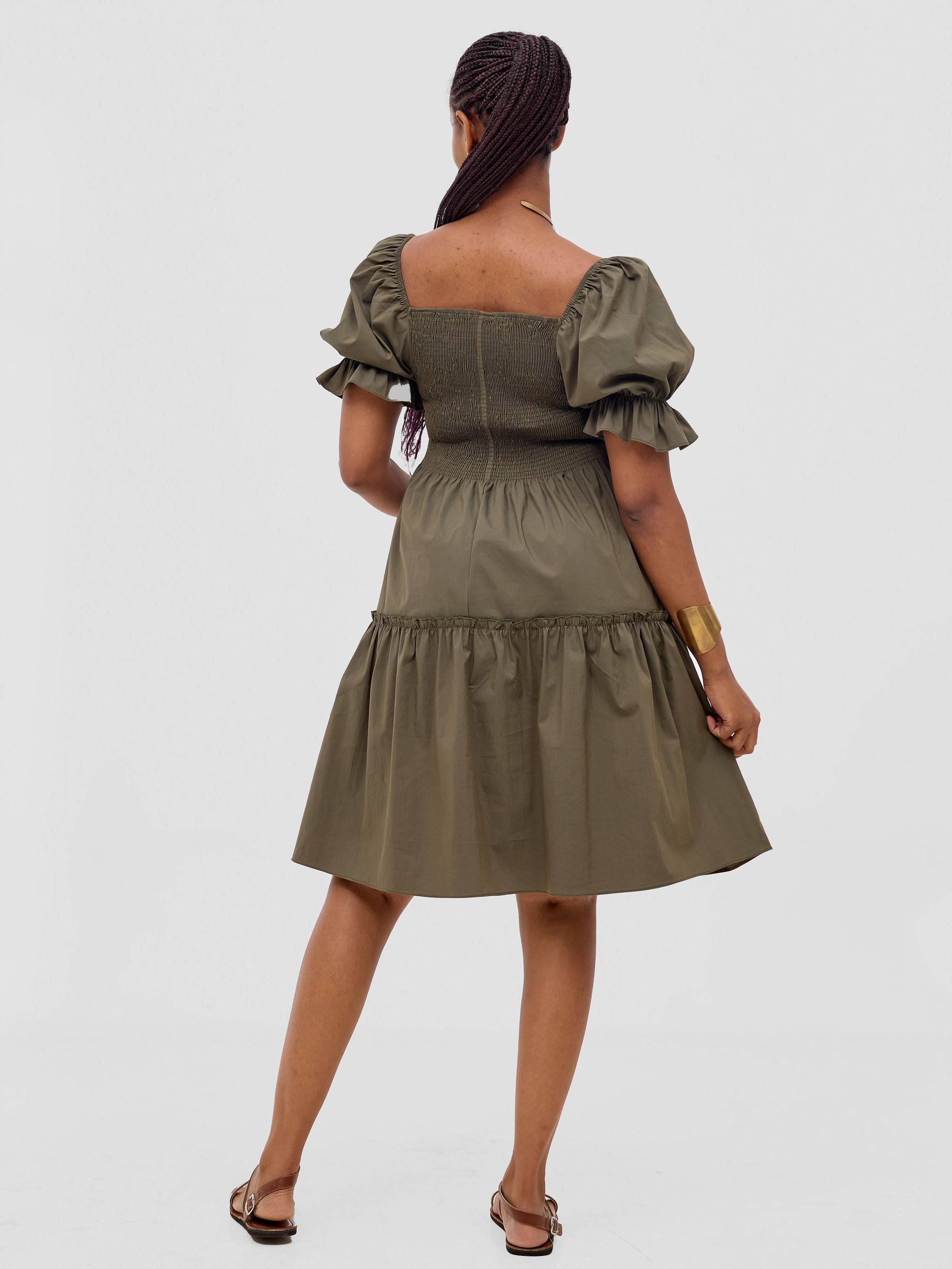 Safari Mara Shirred Bishop Sleeve Dress - Hunters
