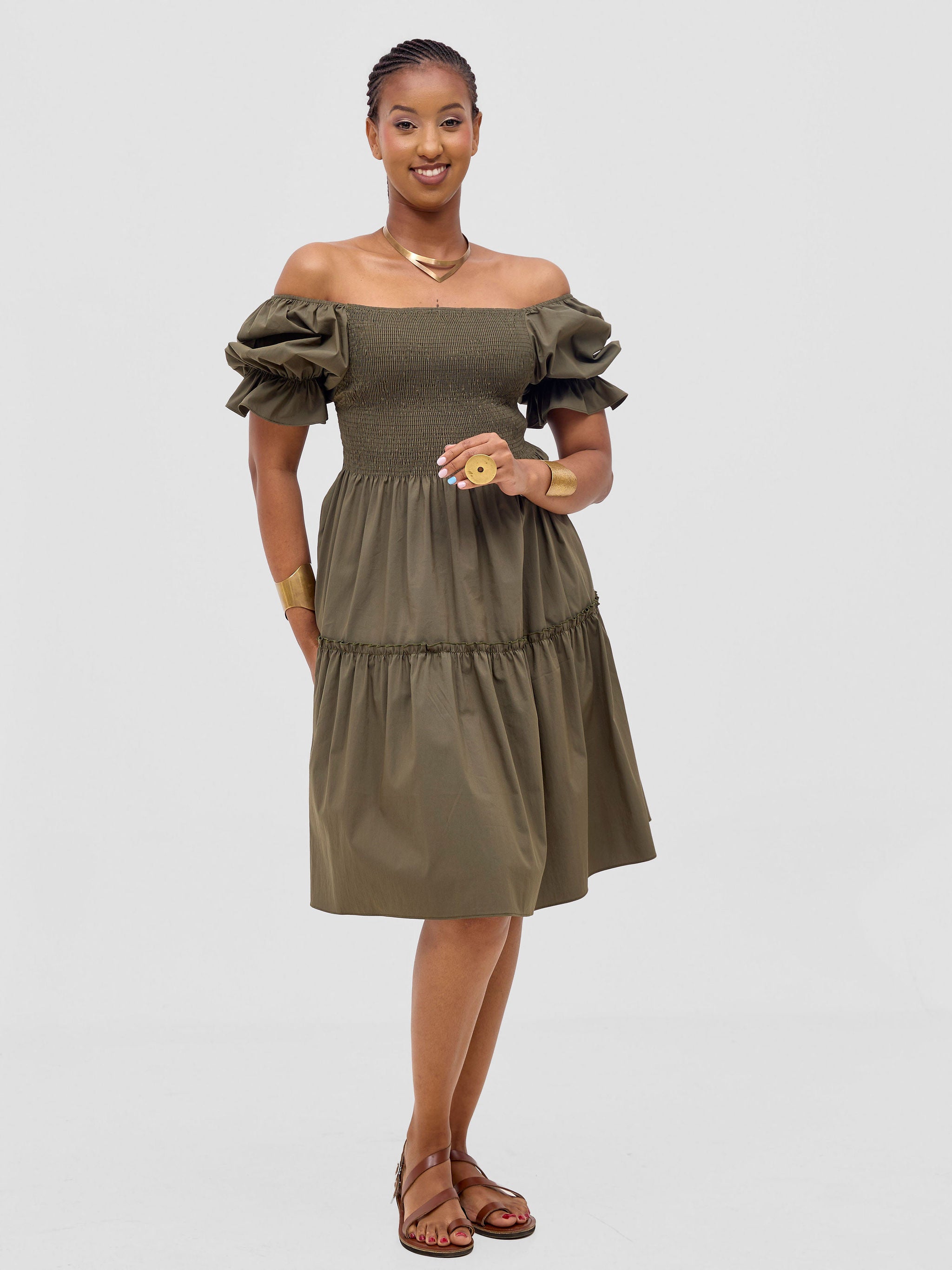 Safari Mara Shirred Bishop Sleeve Dress - Hunters