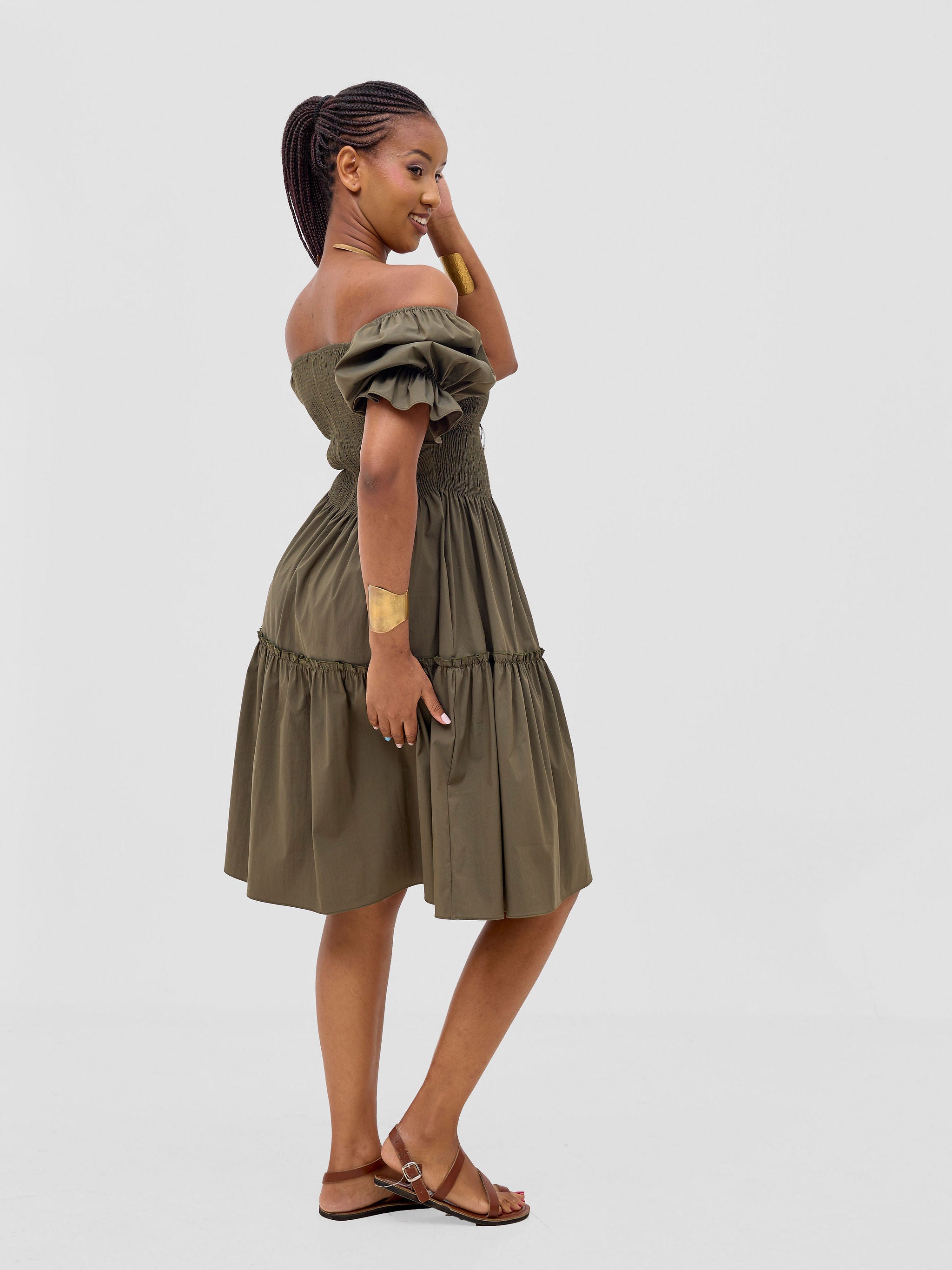 Safari Mara Shirred Bishop Sleeve Dress - Hunters