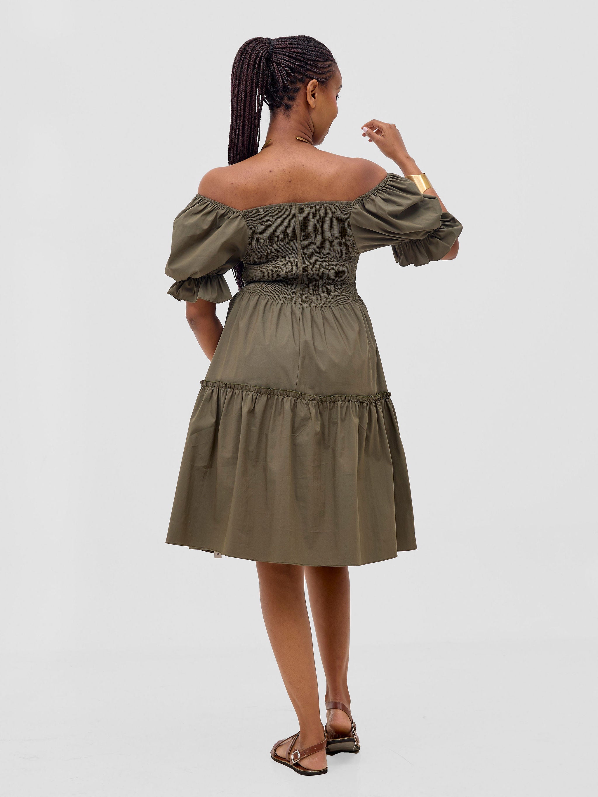 Safari Mara Shirred Bishop Sleeve Dress - Hunters