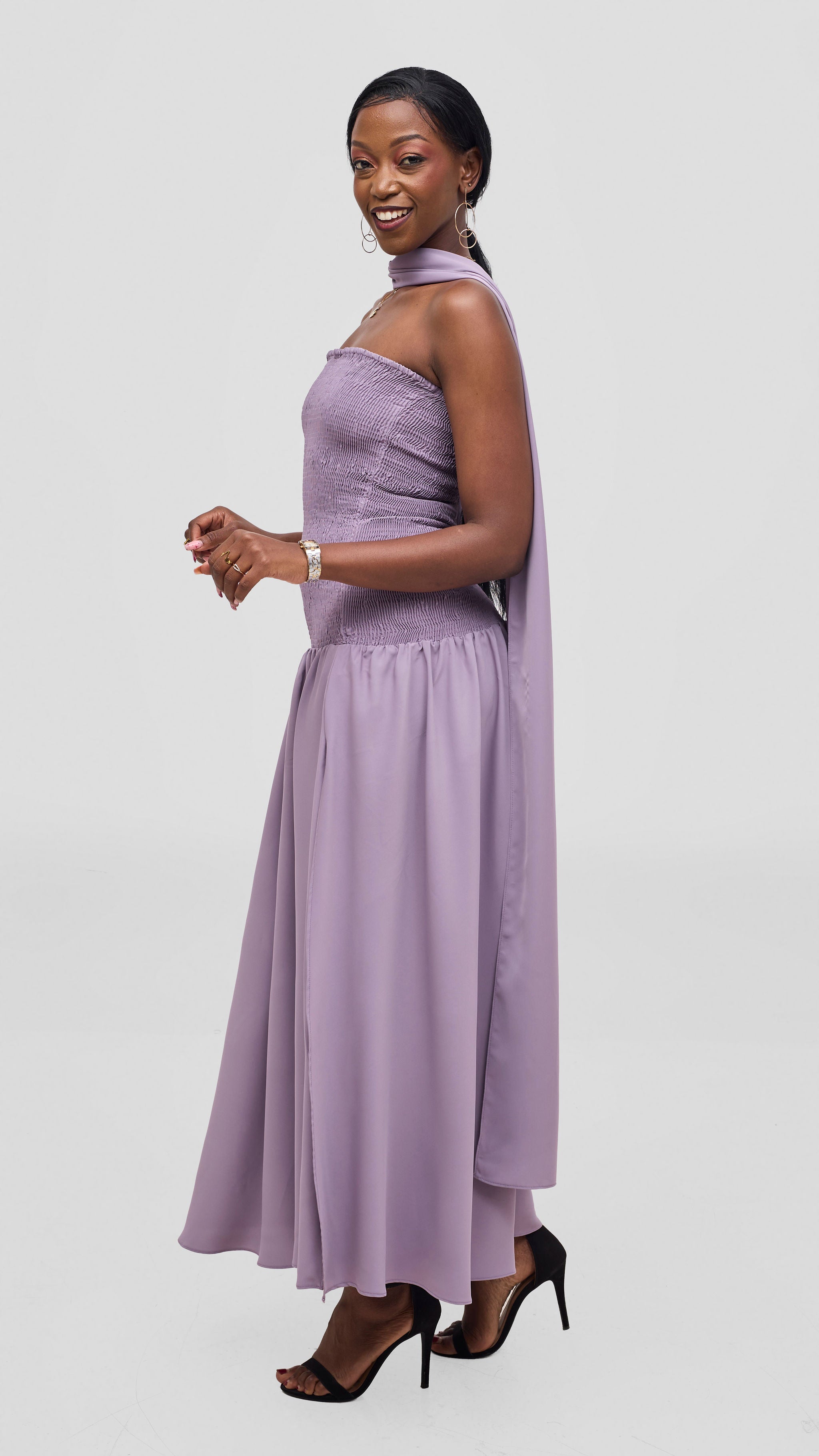 Vivo Talia Shirred Maxi Dress With Scarf - Lilac