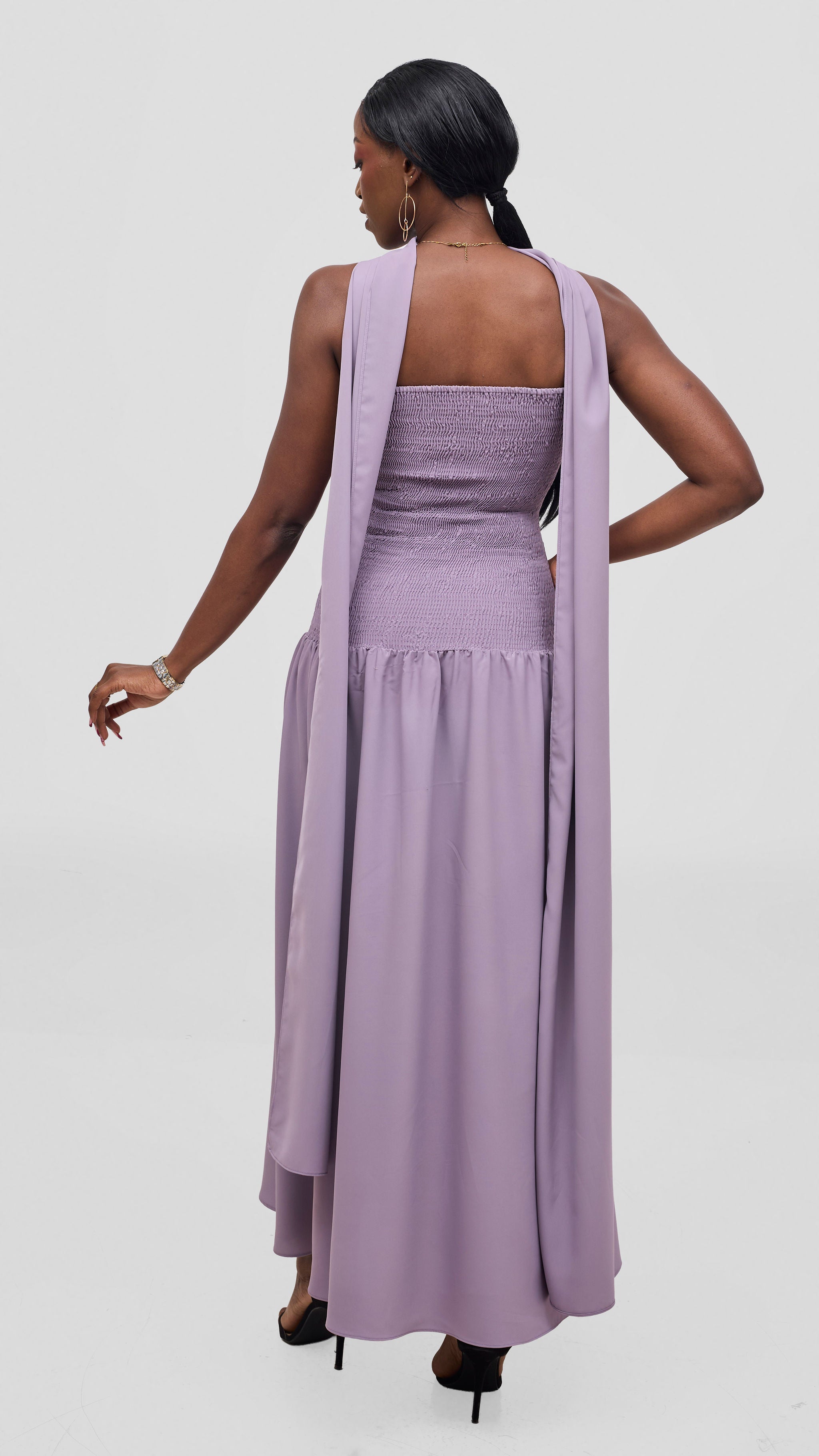 Vivo Talia Shirred Maxi Dress With Scarf - Lilac