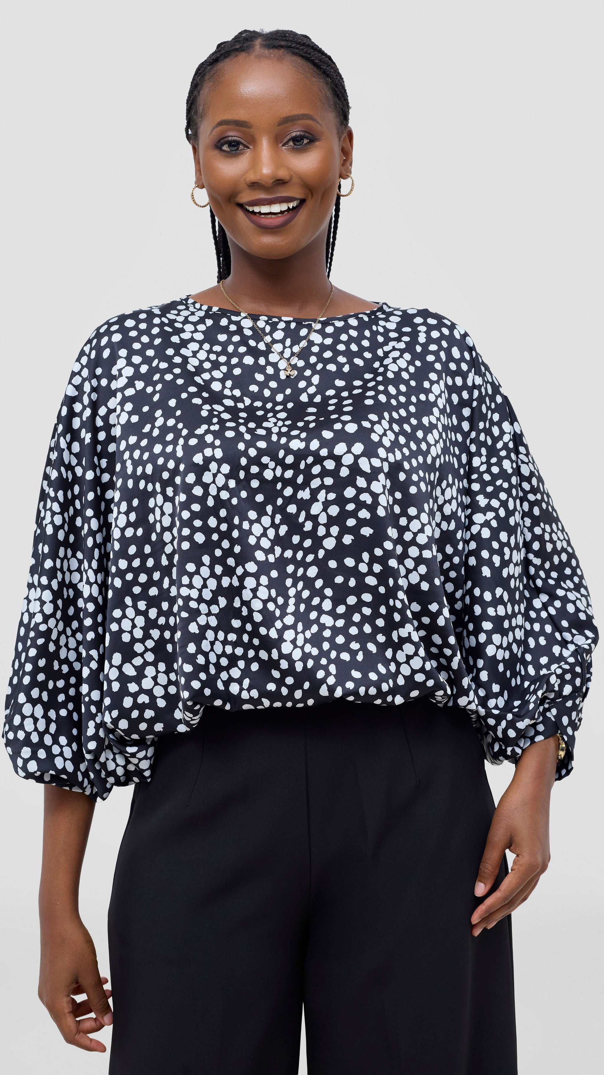 Vivo Sawari Crossed Cuff Batwing Top - Black / White Polka