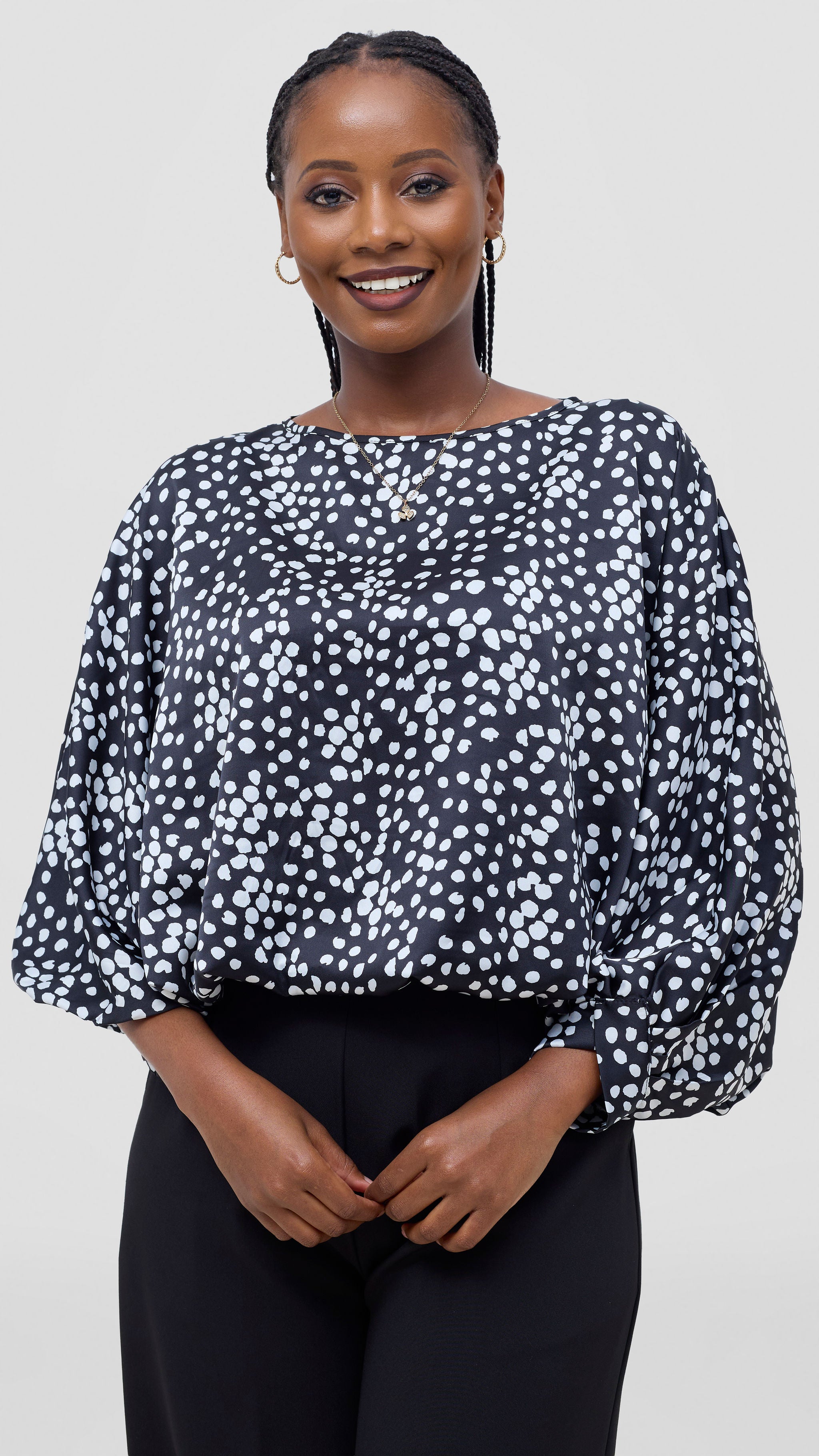 Vivo Sawari Crossed Cuff Batwing Top - Black / White Polka