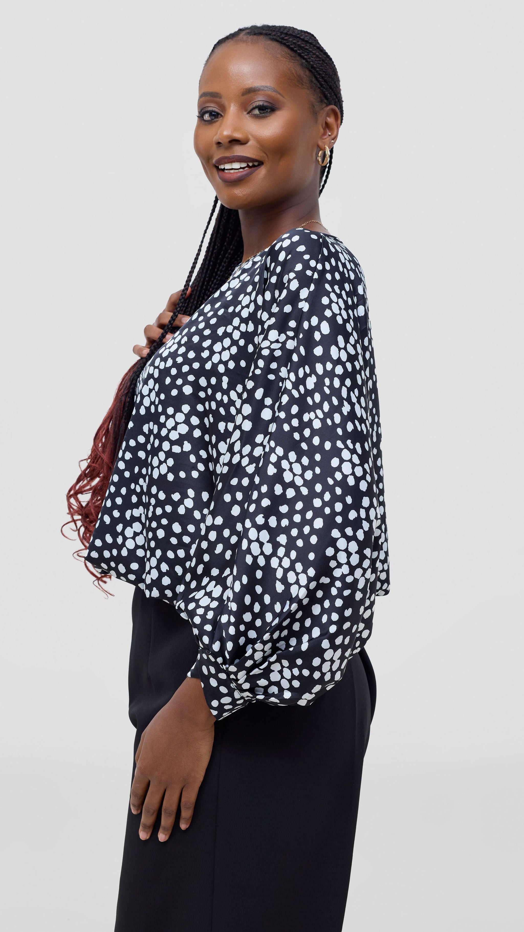 Vivo Sawari Crossed Cuff Batwing Top - Black / White Polka