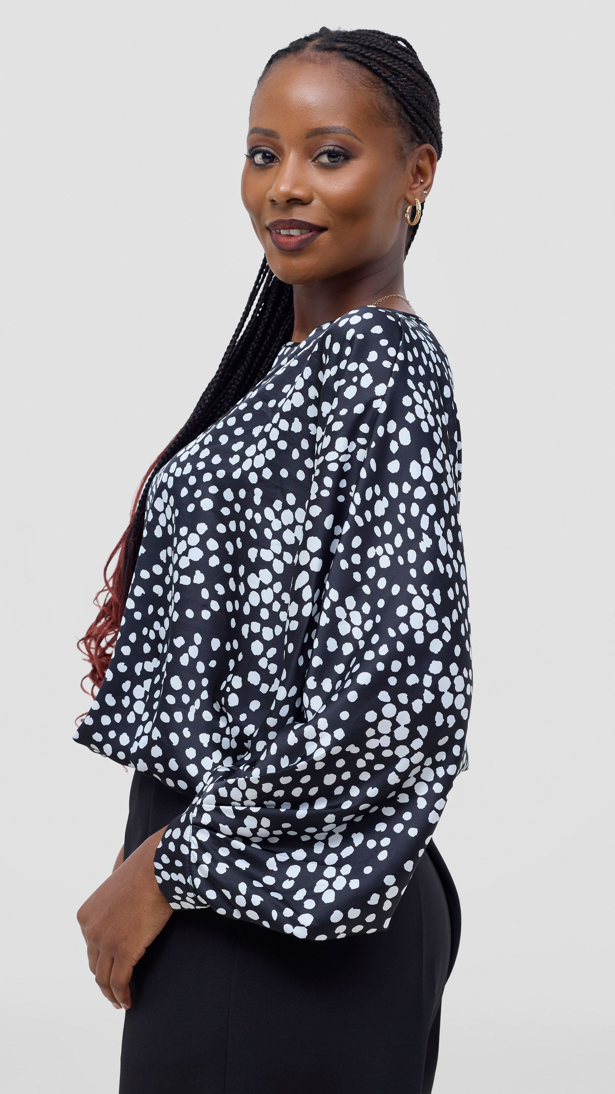Vivo Sawari Crossed Cuff Batwing Top - Black / White Polka