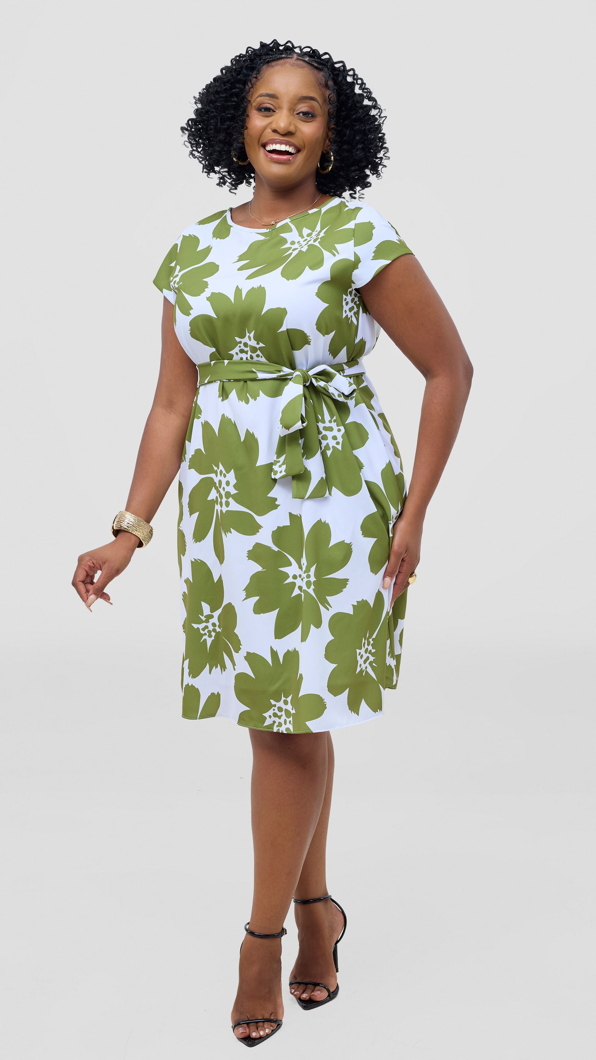 Vivo Basic Cap Sleeve Knee Length Dress - White / Olive Print