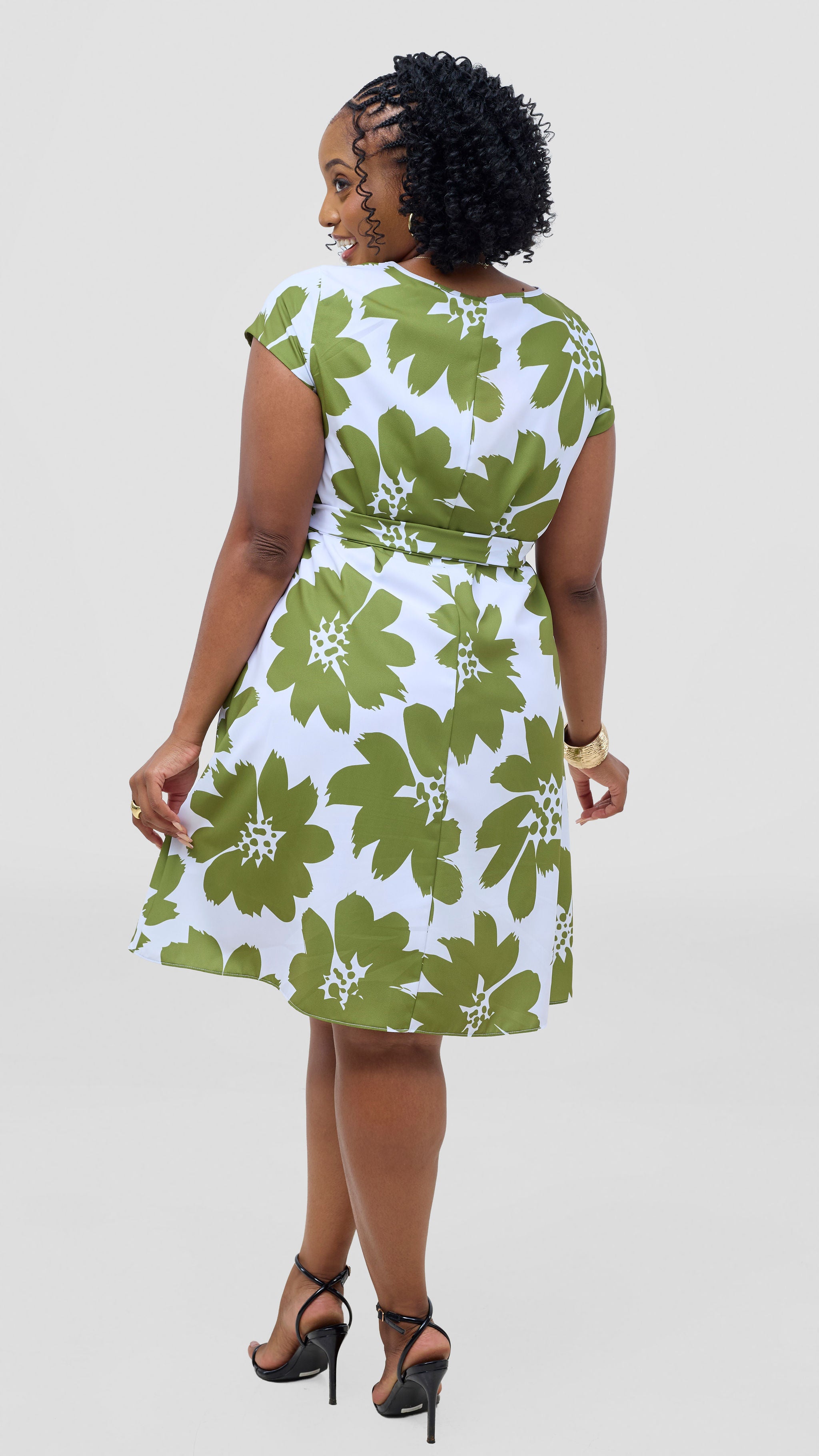Vivo Basic Cap Sleeve Knee Length Dress - White / Olive Print