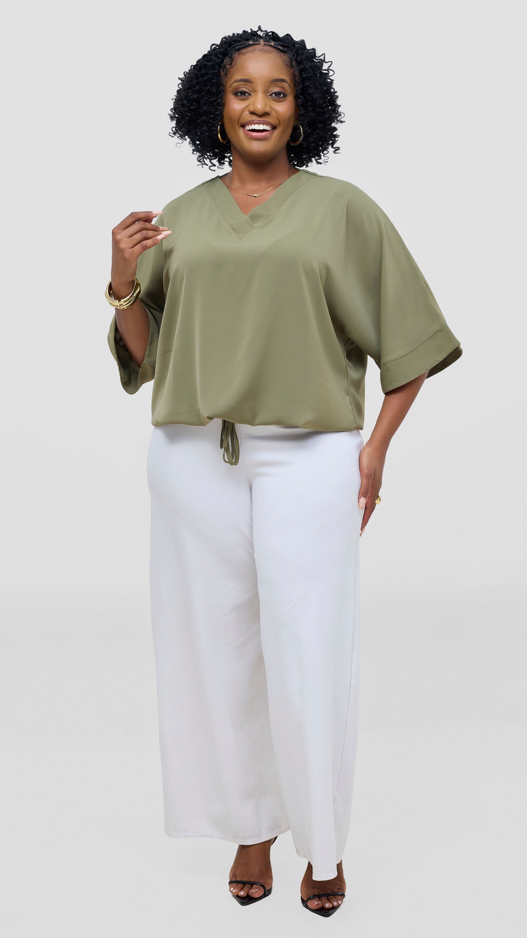 Vivo Liora Drawstring Kimono Sleeve Top - Olive Green