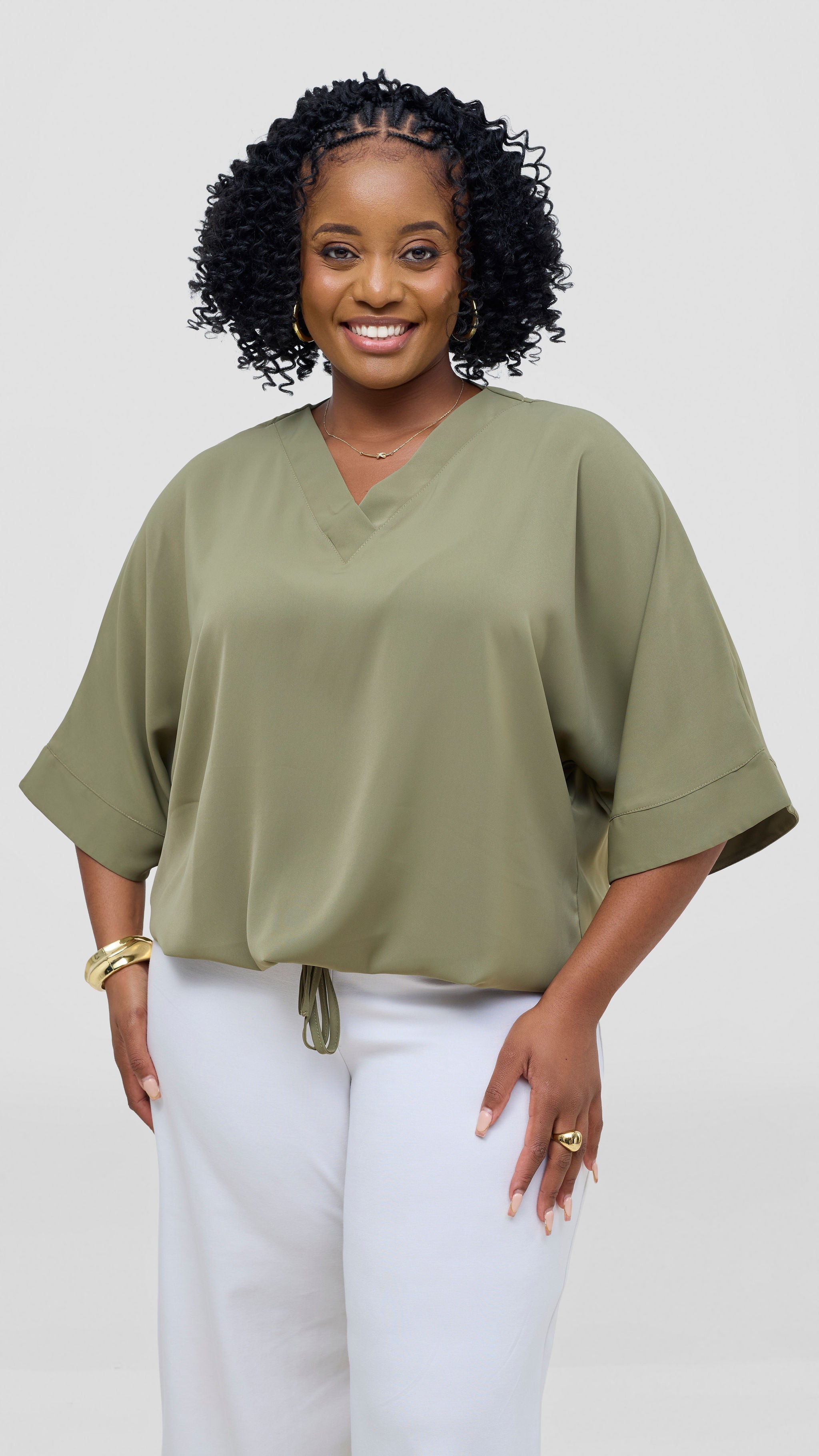 Vivo Liora Drawstring Kimono Sleeve Top - Olive Green