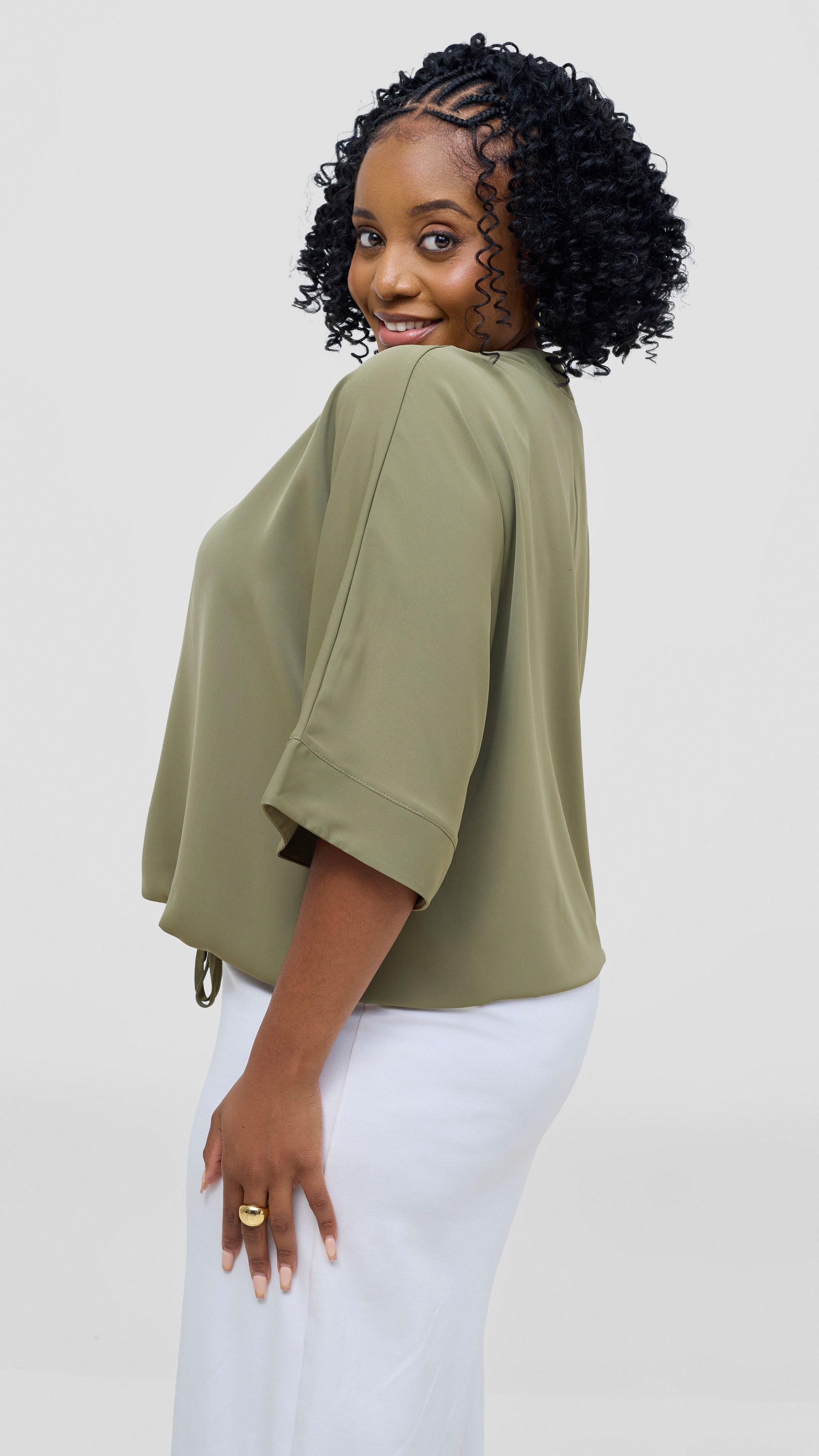 Vivo Liora Drawstring Kimono Sleeve Top - Olive Green