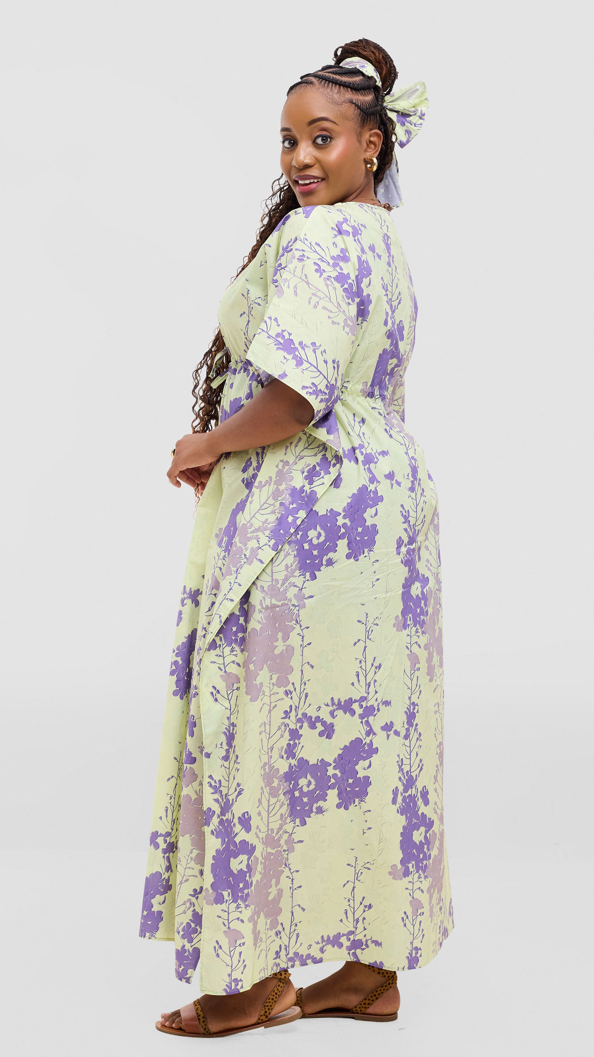 Safari by Vivo Cotton Wide Drawstring Kaftan - Light Olive / Purple Print