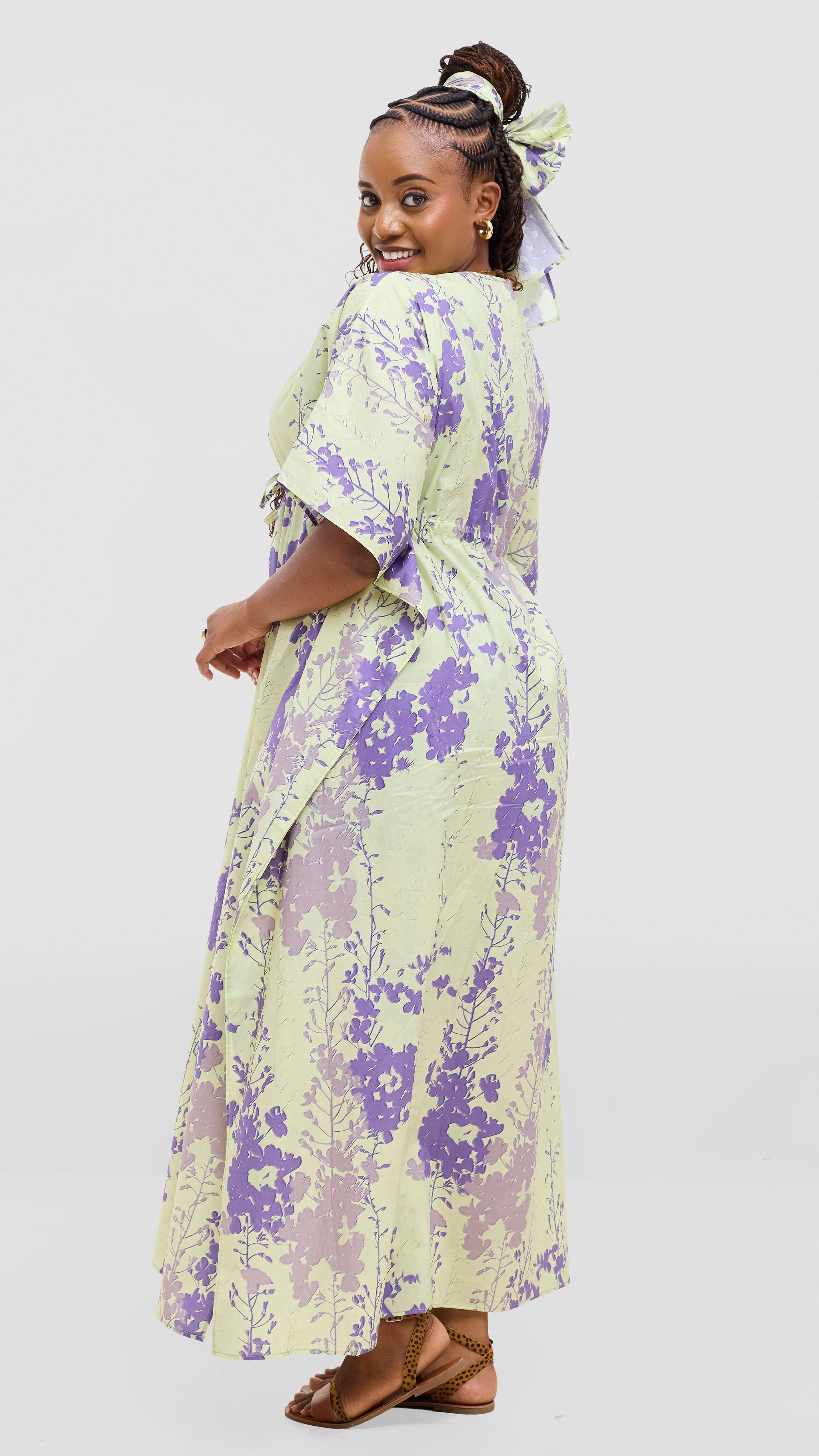 Safari by Vivo Cotton Wide Drawstring Kaftan - Light Olive / Purple Print