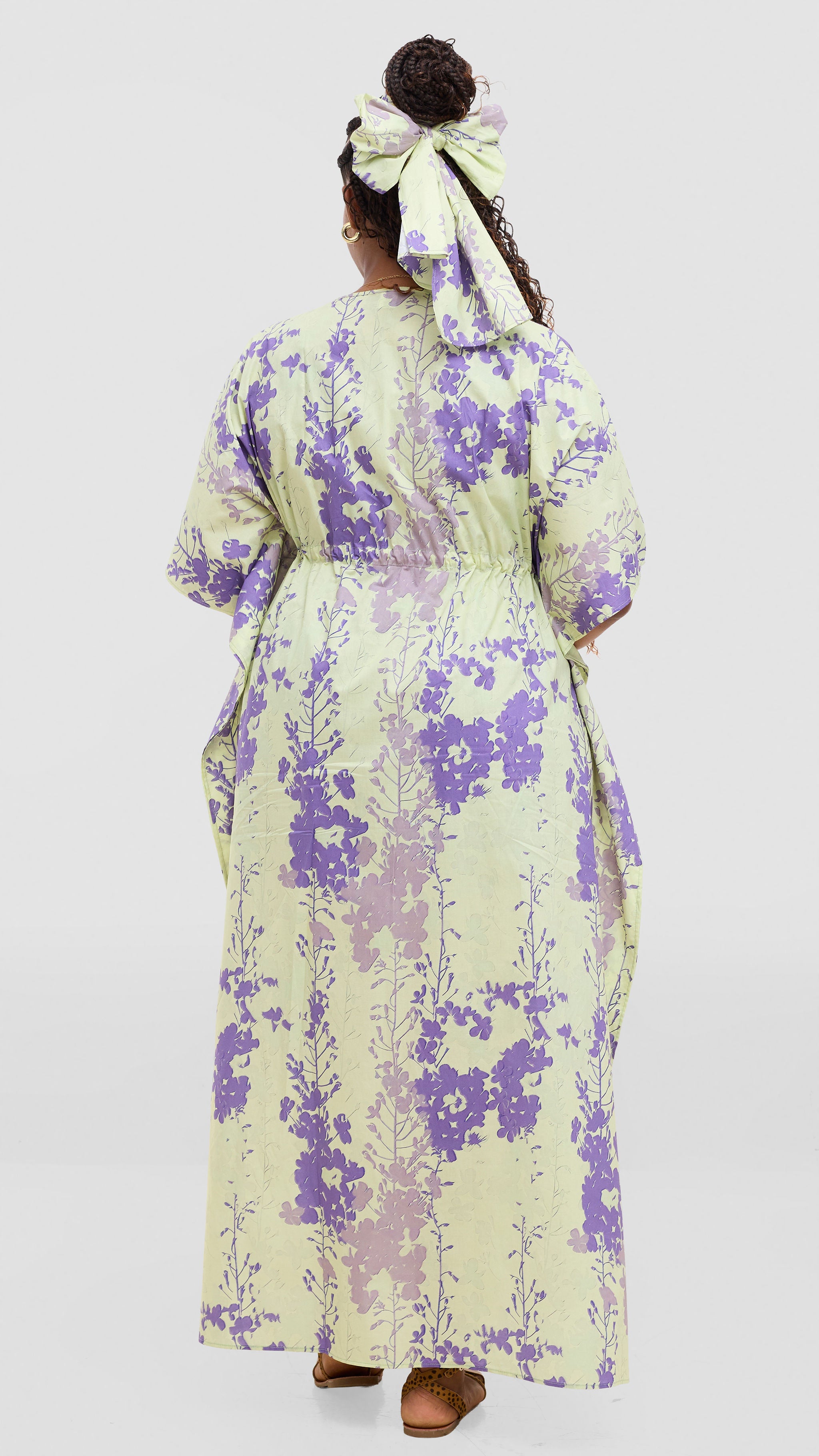 Safari by Vivo Cotton Wide Drawstring Kaftan - Light Olive / Purple Print