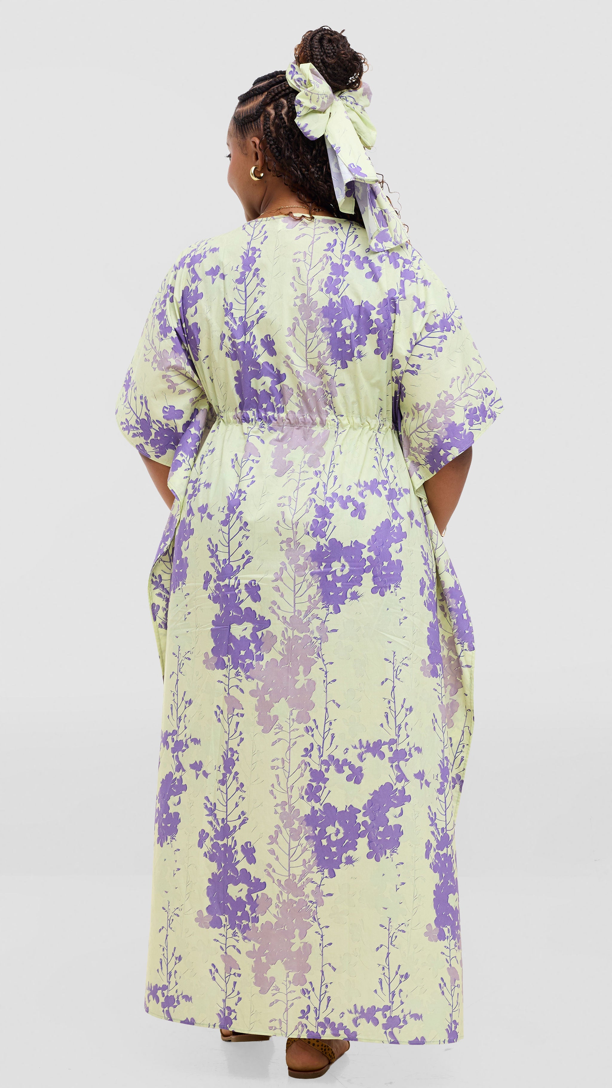 Safari by Vivo Cotton Wide Drawstring Kaftan - Light Olive / Purple Print