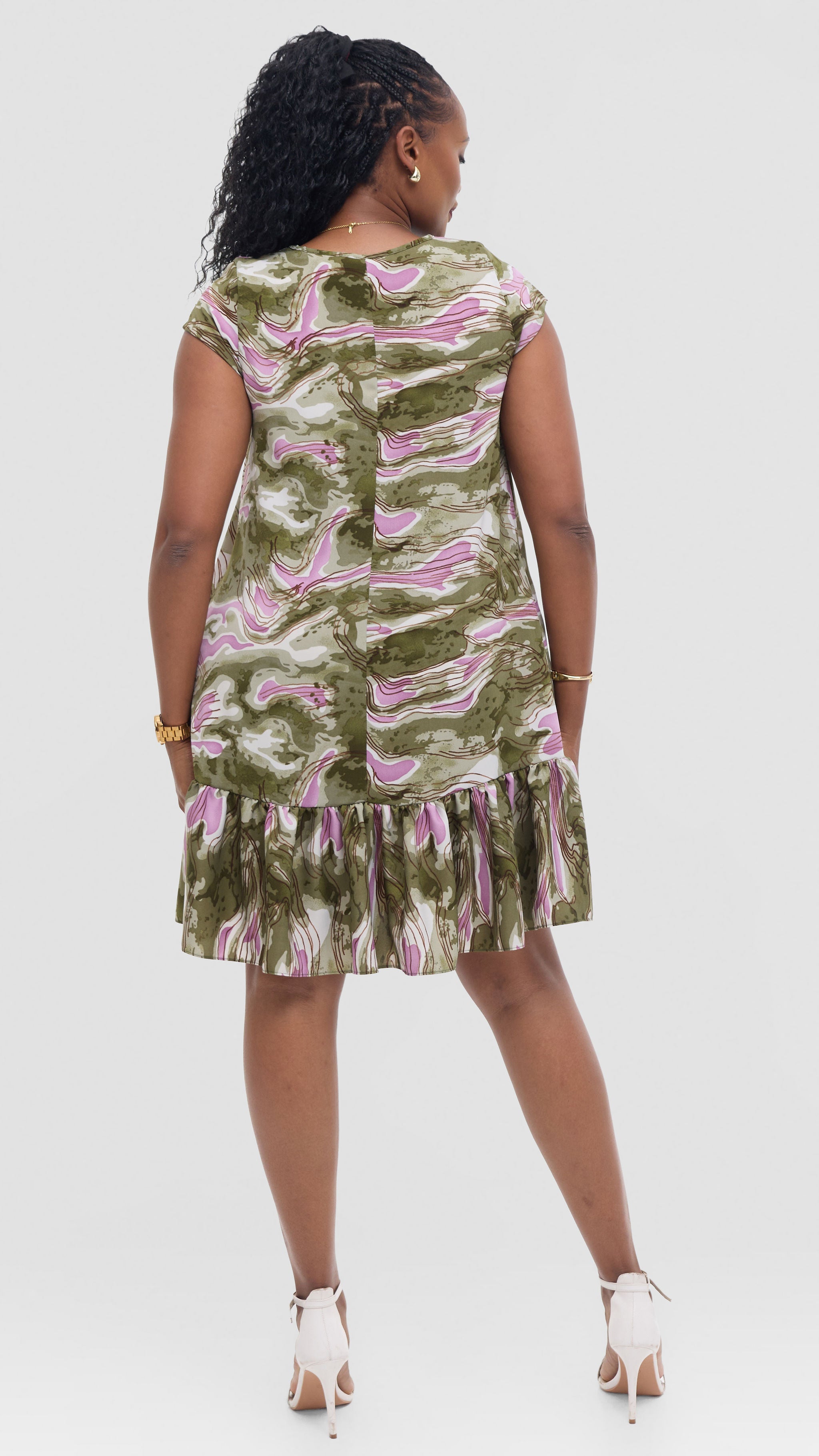 Vivo Dalia Cap Sleeve Gathered Dress in Crepe - Dark Green Textured print