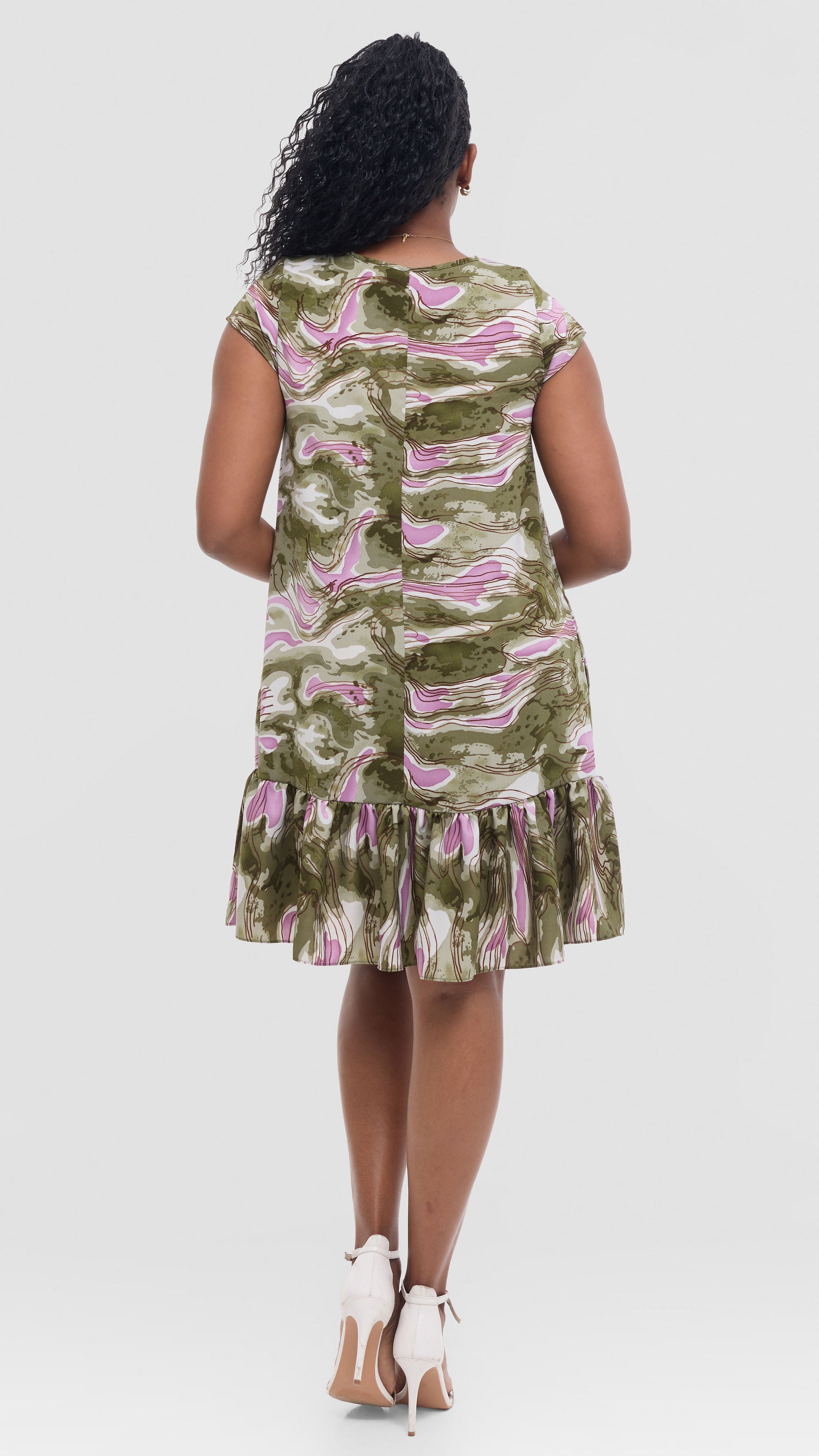 Vivo Dalia Cap Sleeve Gathered Dress in Crepe - Dark Green Textured print