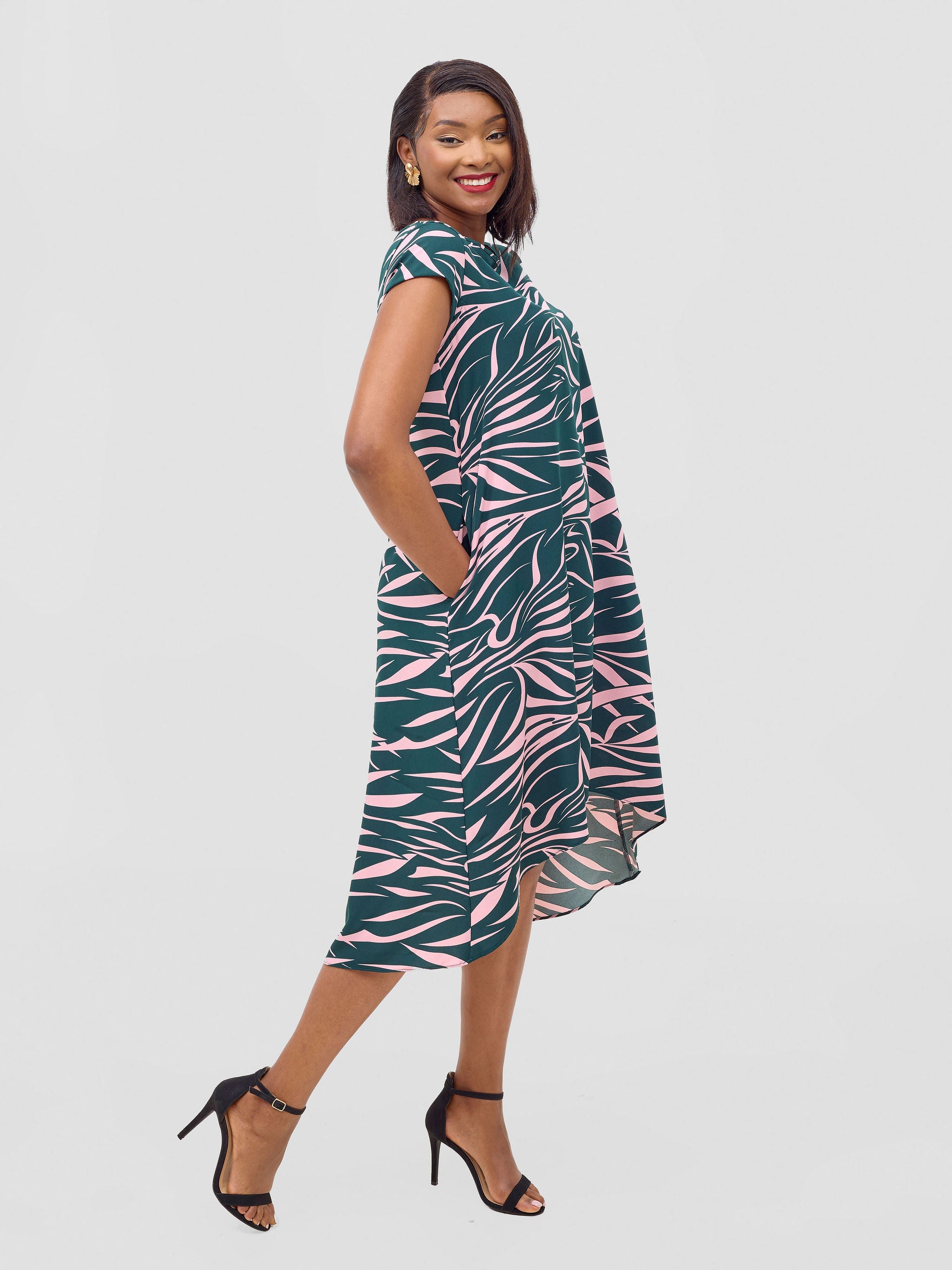 Vivo Jema High Low Tent Dress - Green / Pink Print