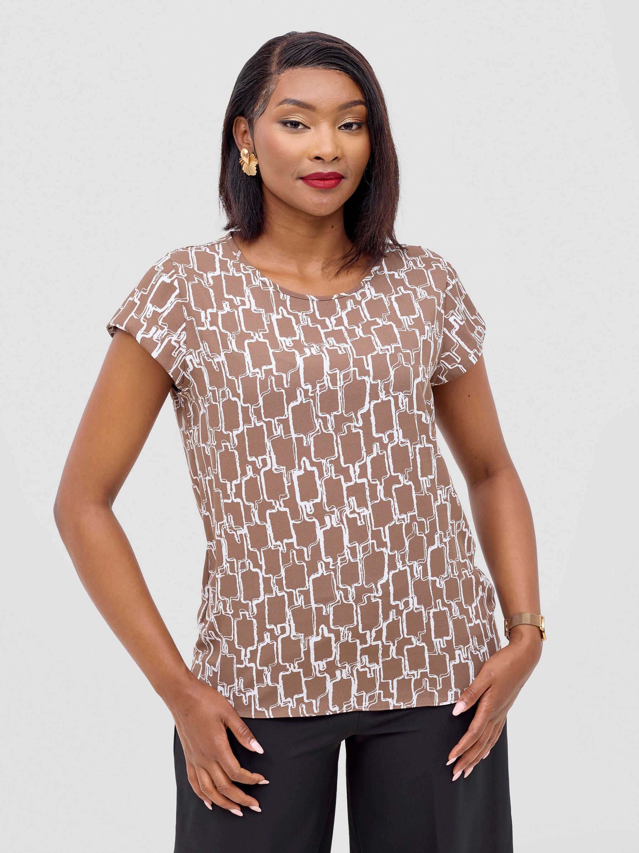 Vivo Basic Crepe Cap Sleeved Top - Brown / White Print