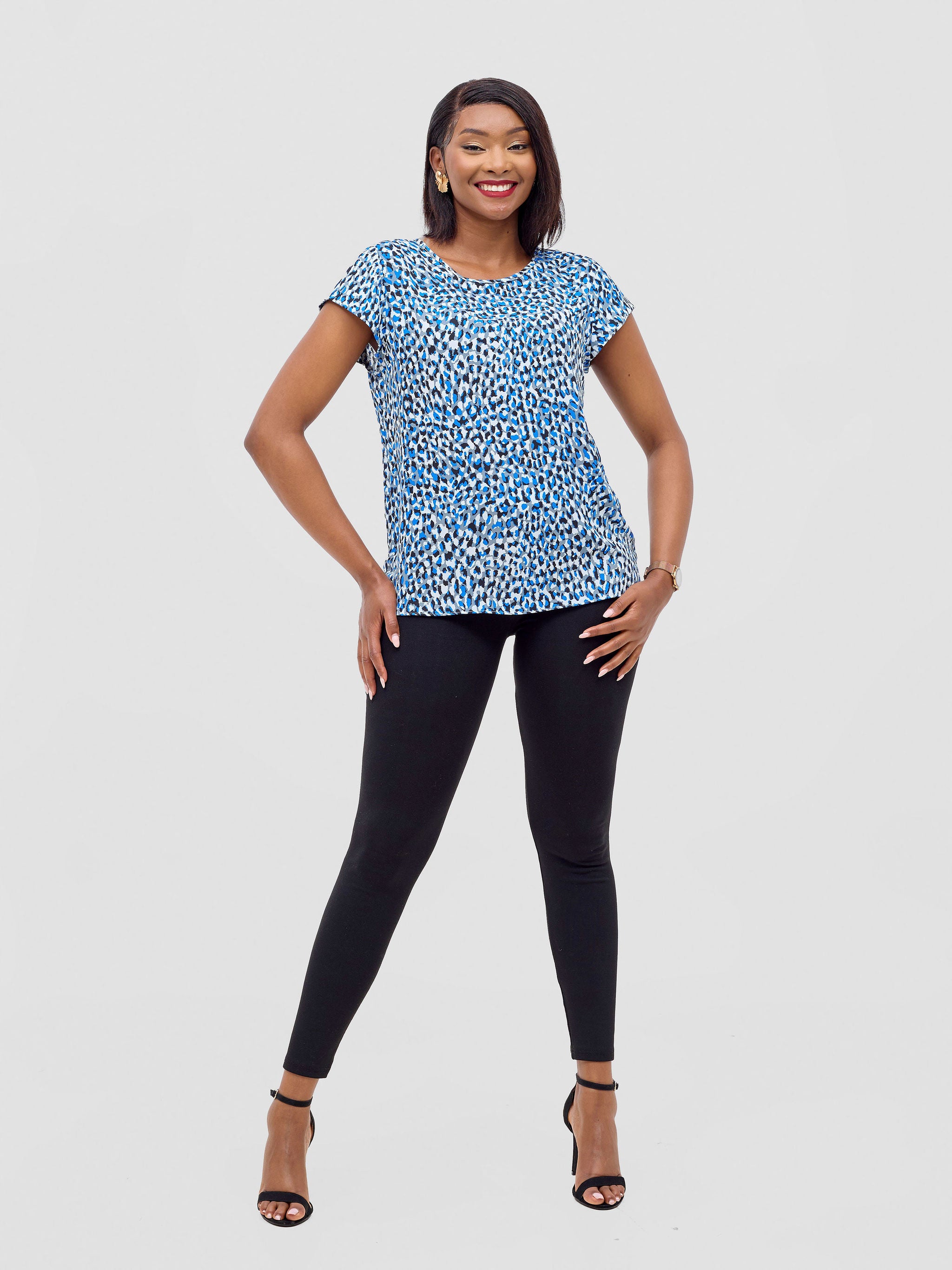 Vivo Basic Crepe Cap Sleeved Top - Blue / Grey Print