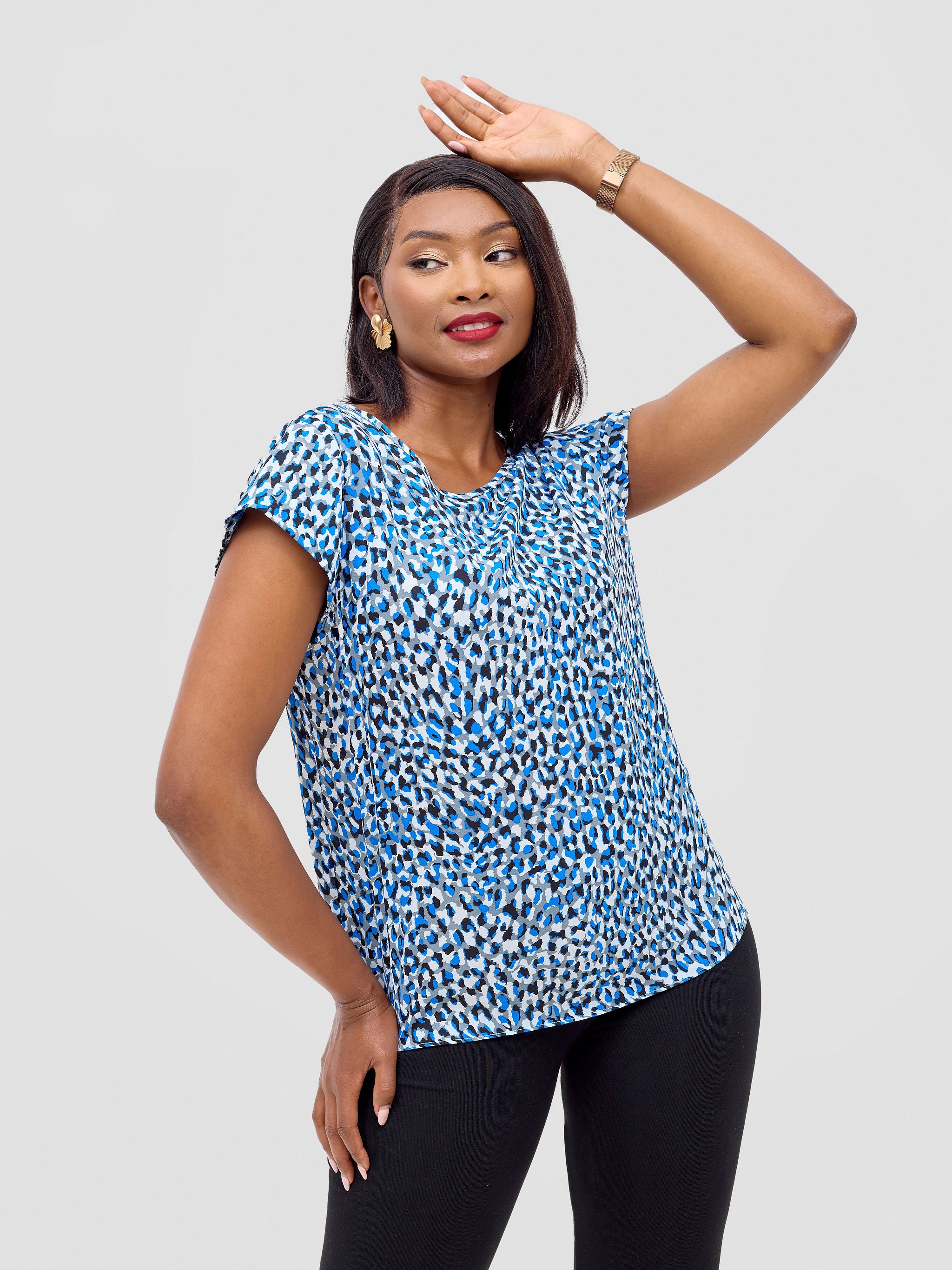 Vivo Basic Crepe Cap Sleeved Top - Blue / Grey Print