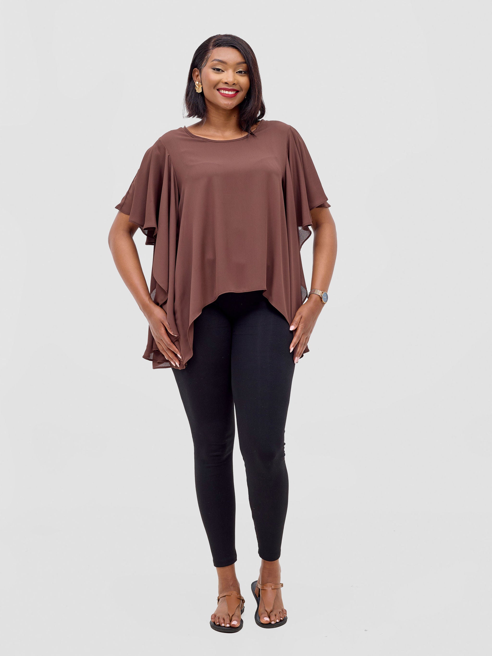 Vivo Meli Ruffle Sleeve Top - Brown