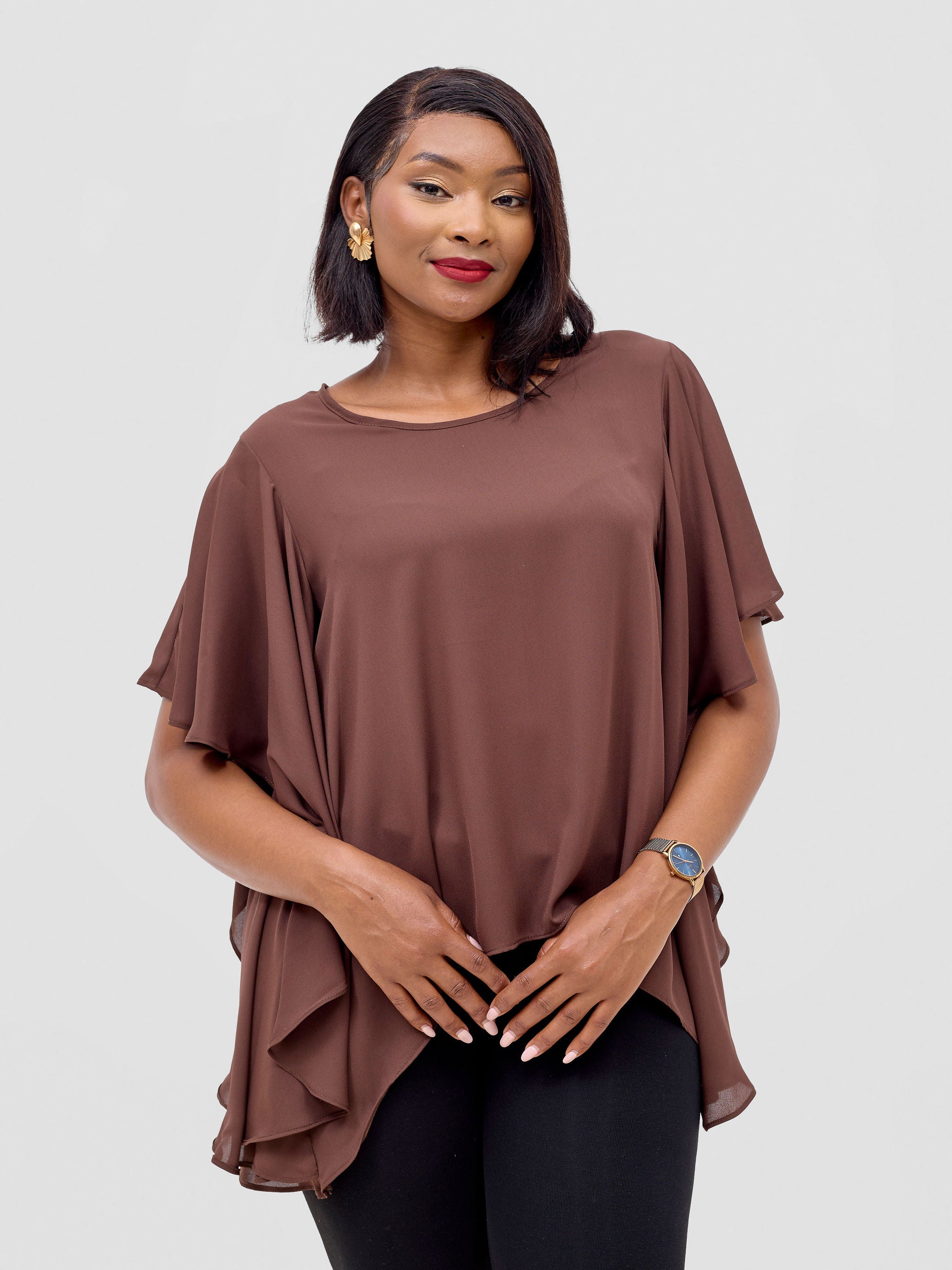 Vivo Meli Ruffle Sleeve Top - Brown