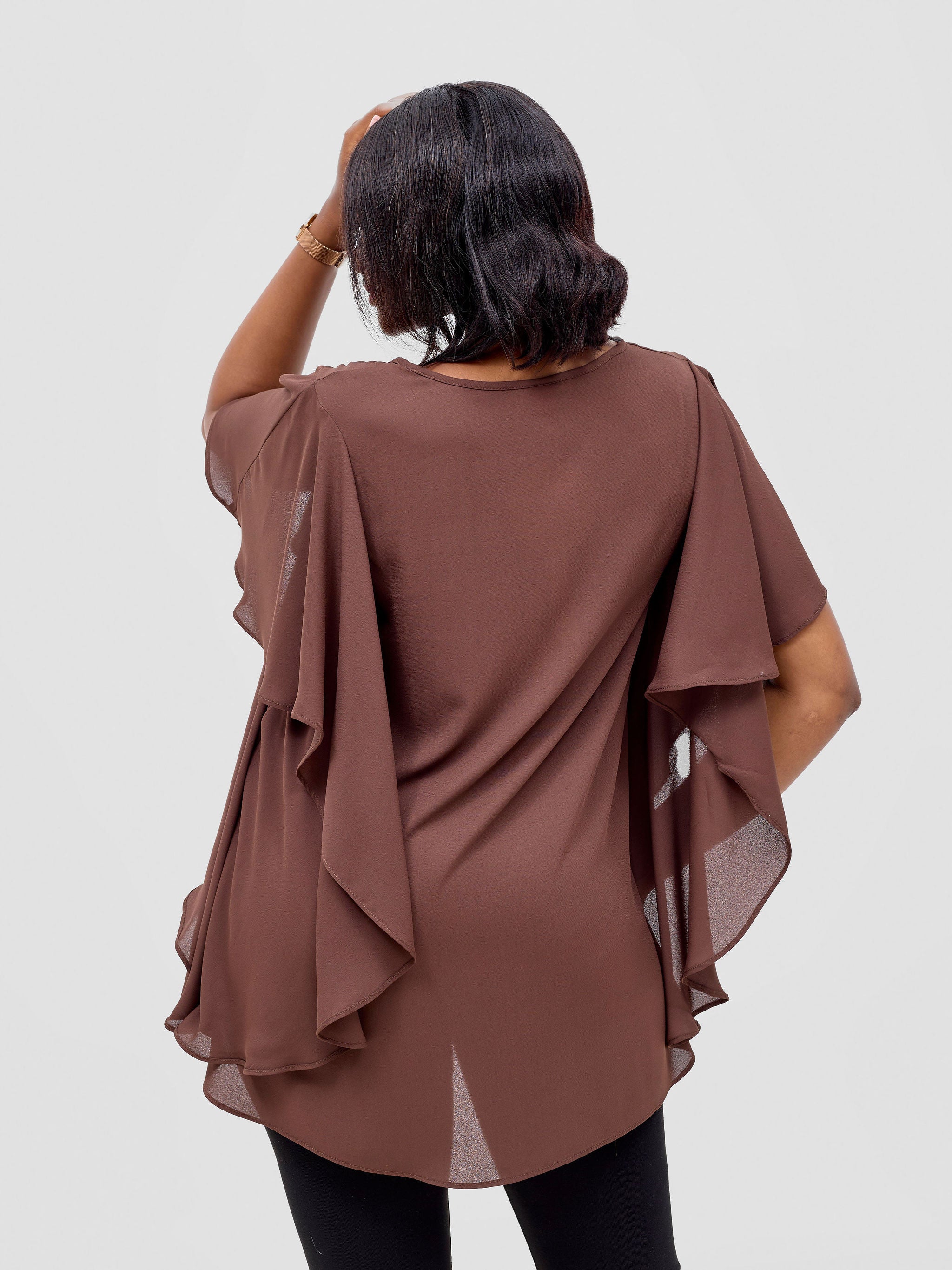 Vivo Meli Ruffle Sleeve Top - Brown