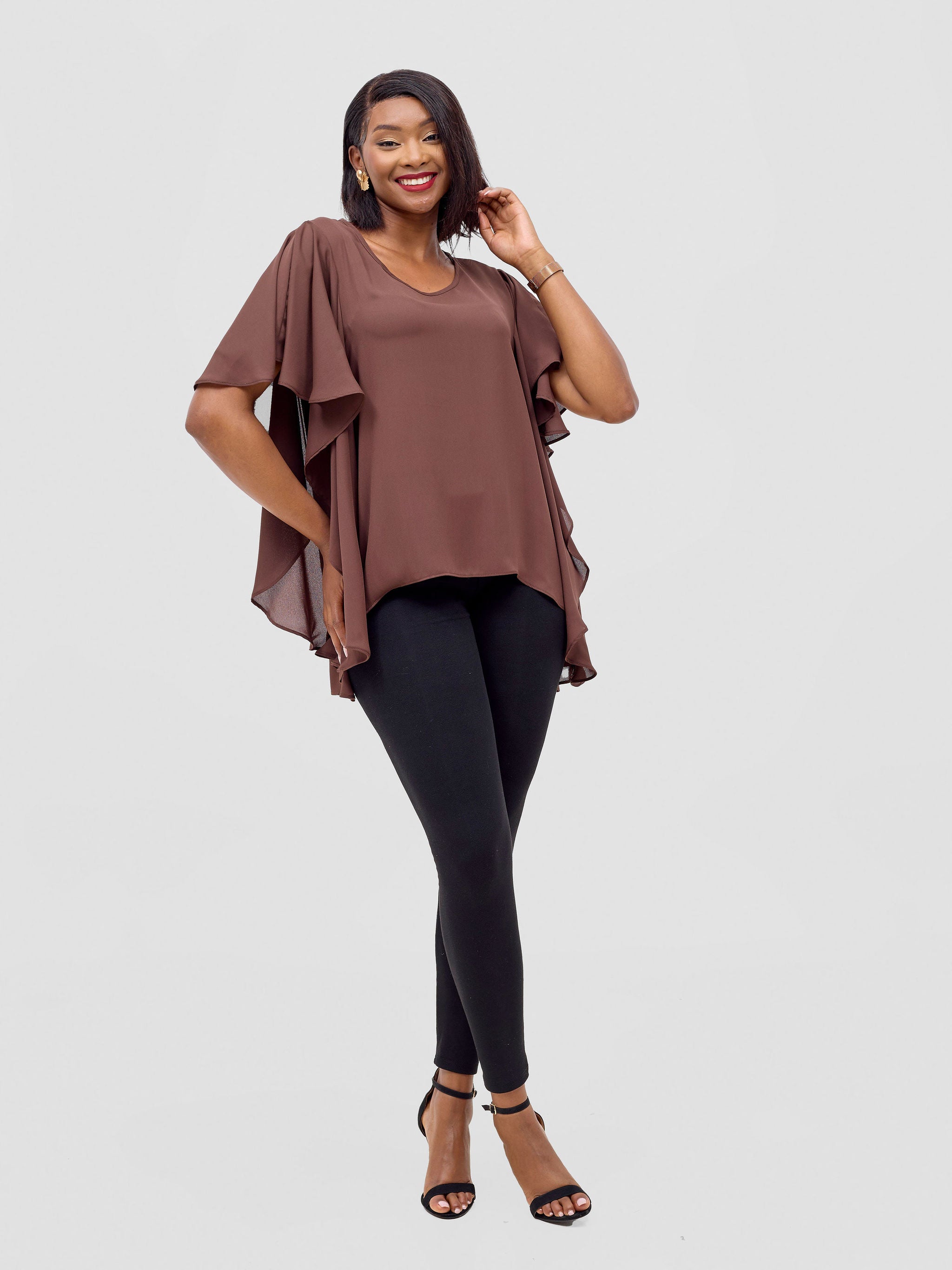 Vivo Meli Ruffle Sleeve Top - Brown