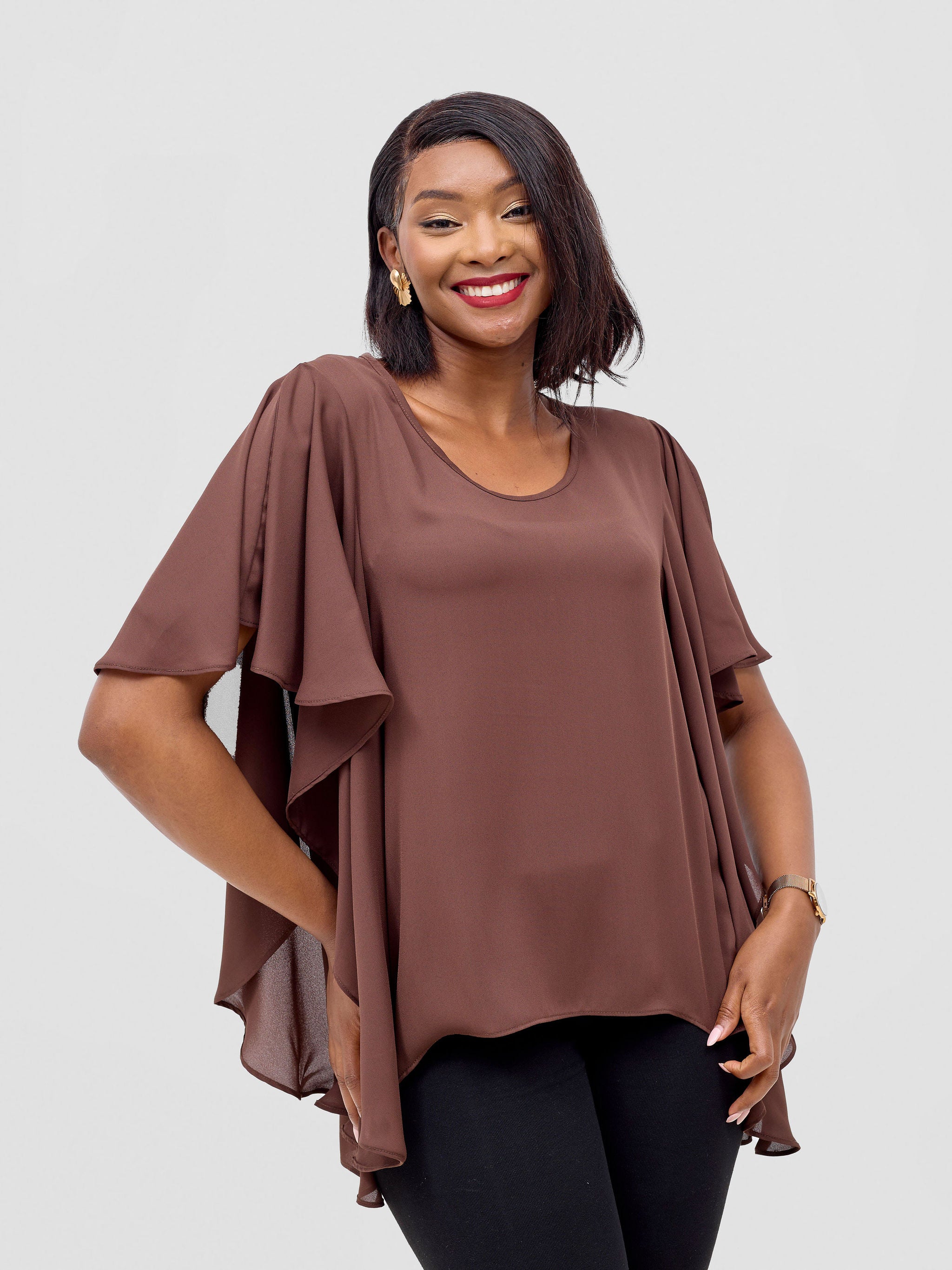 Vivo Meli Ruffle Sleeve Top - Brown