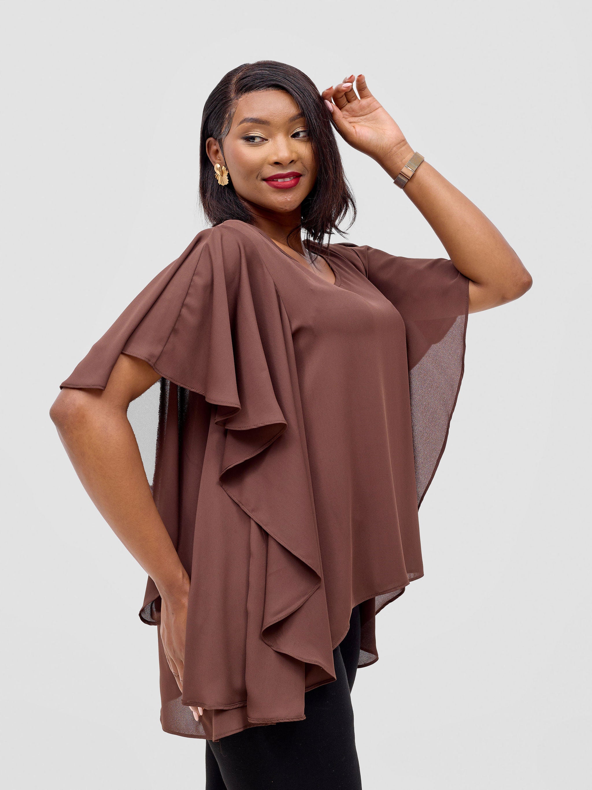 Vivo Meli Ruffle Sleeve Top - Brown