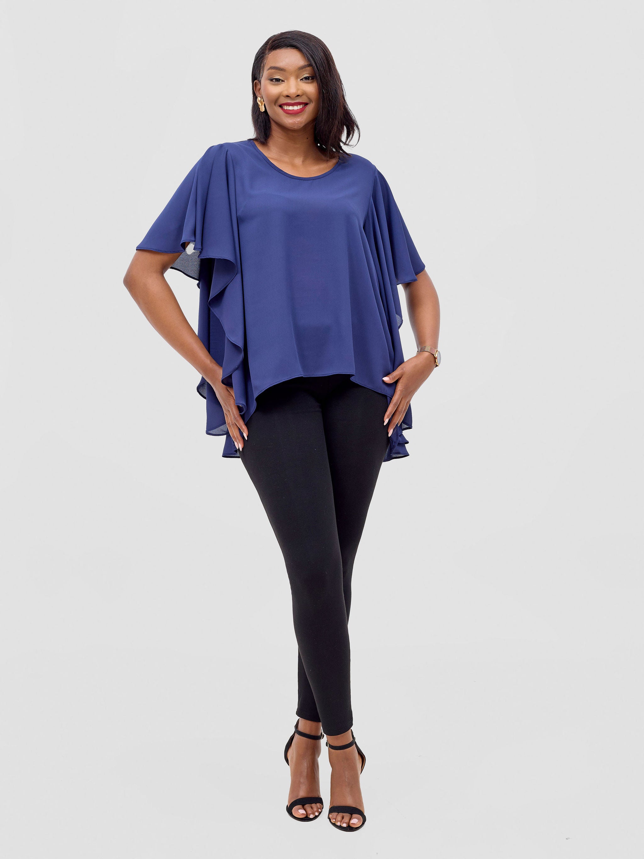 Vivo Meli Ruffle Sleeve Top - Navy Blue