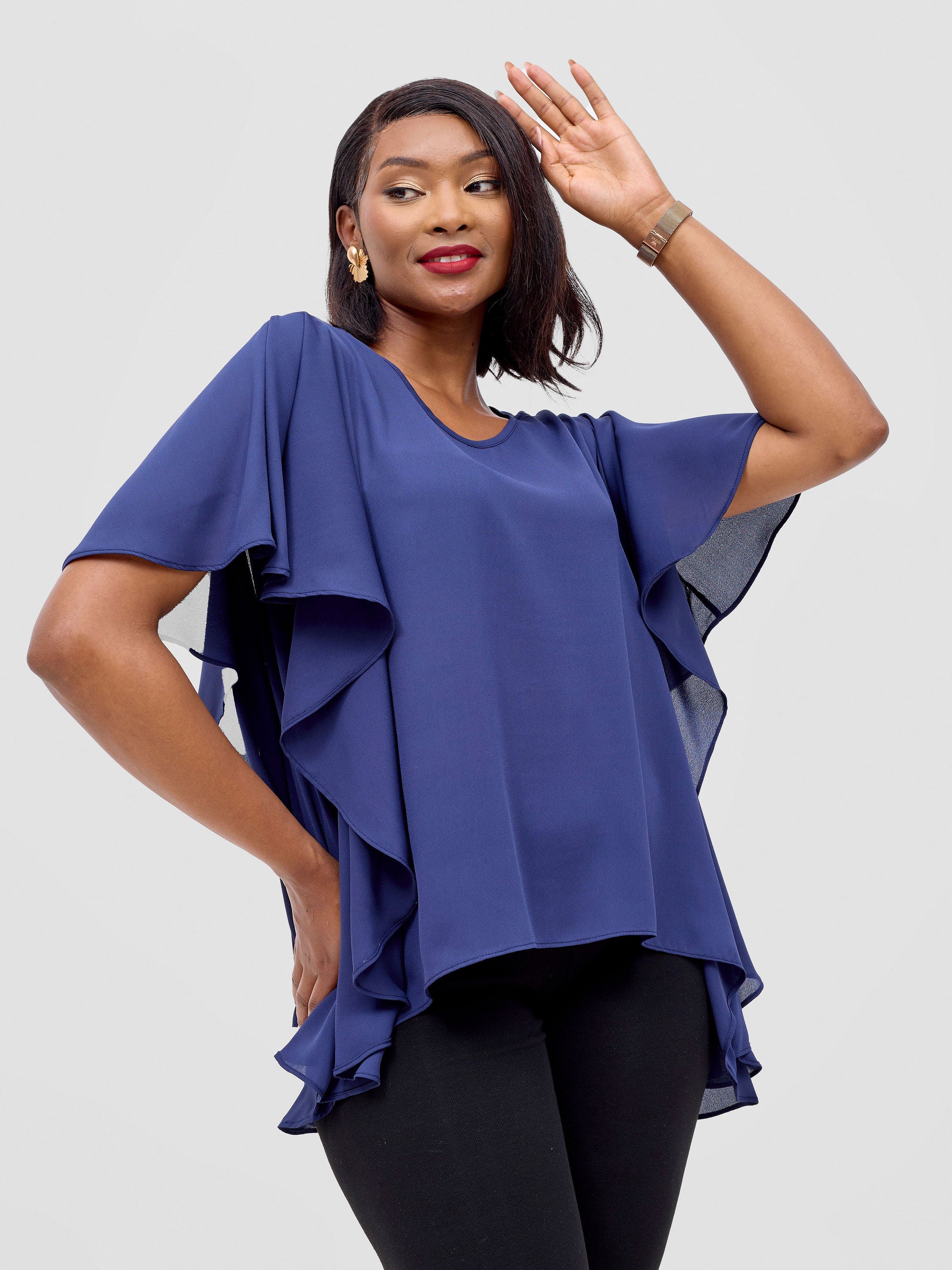 Vivo Meli Ruffle Sleeve Top - Navy Blue