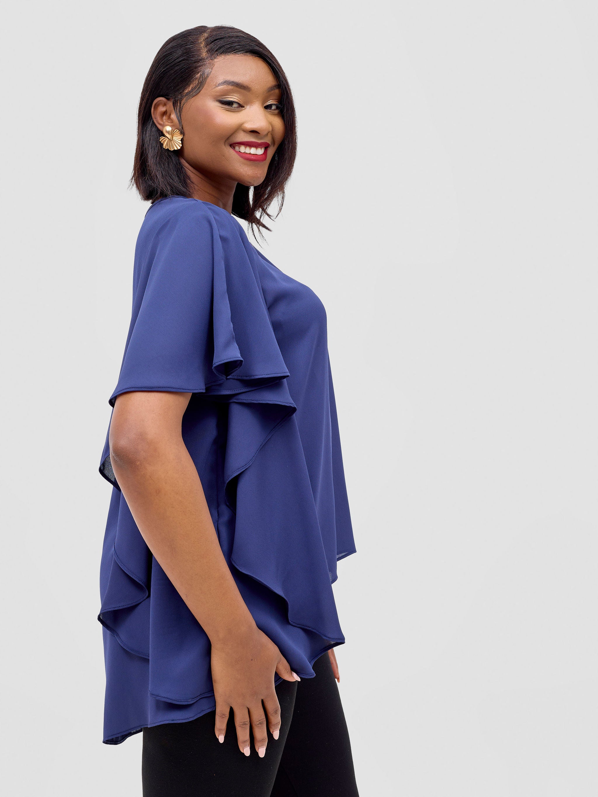 Vivo Meli Ruffle Sleeve Top - Navy Blue