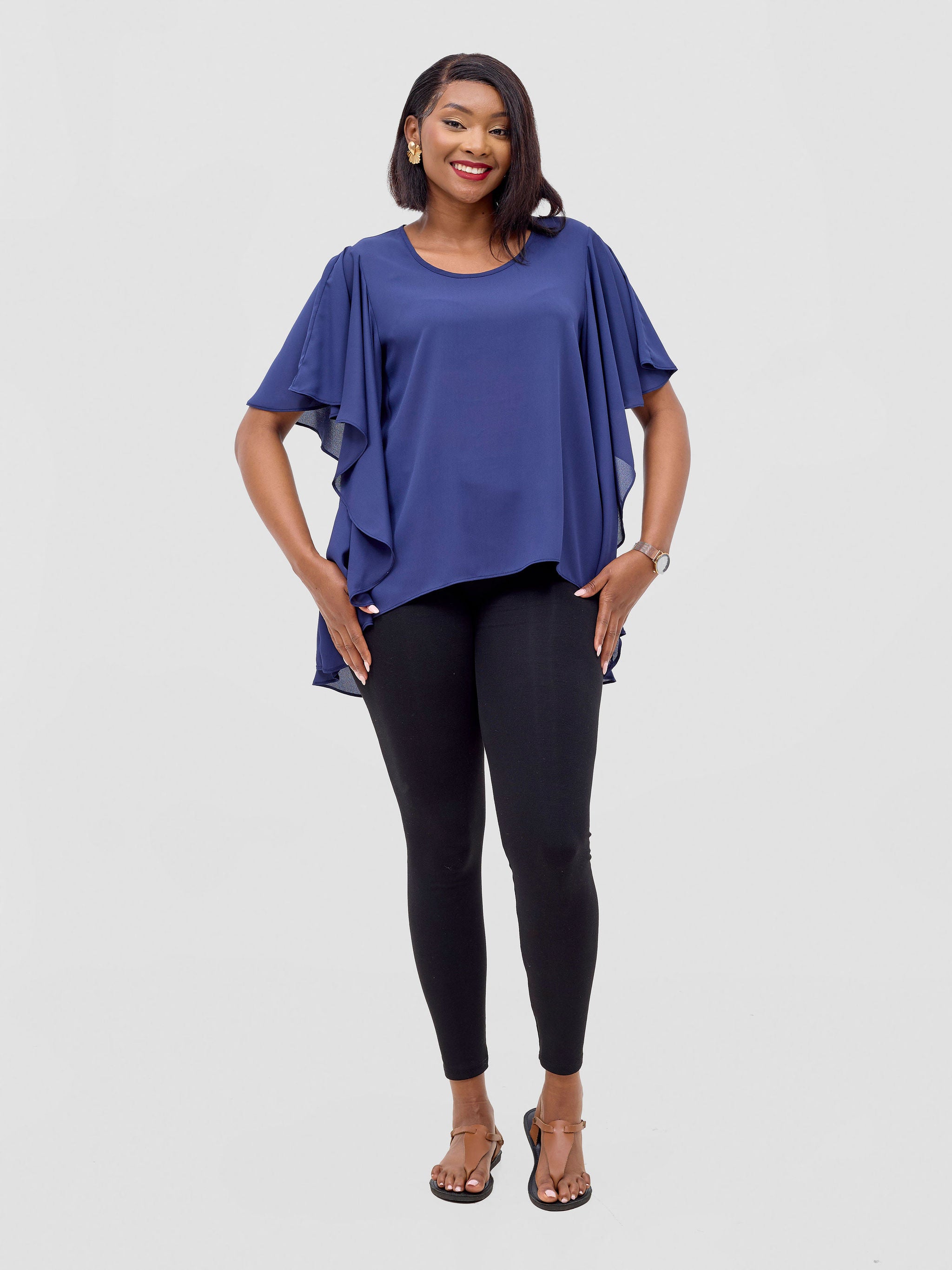 Vivo Meli Ruffle Sleeve Top - Navy Blue