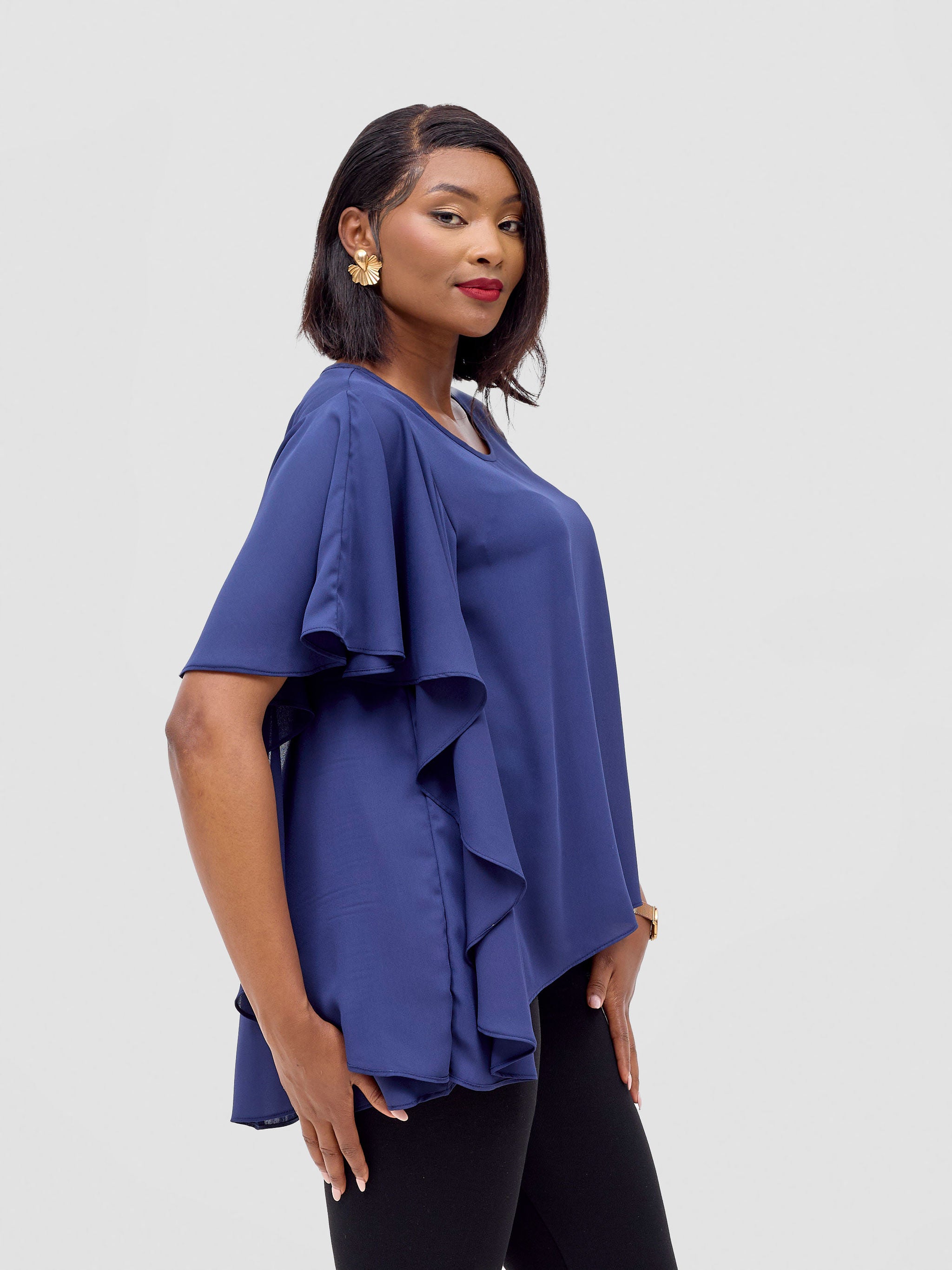 Vivo Meli Ruffle Sleeve Top - Navy Blue