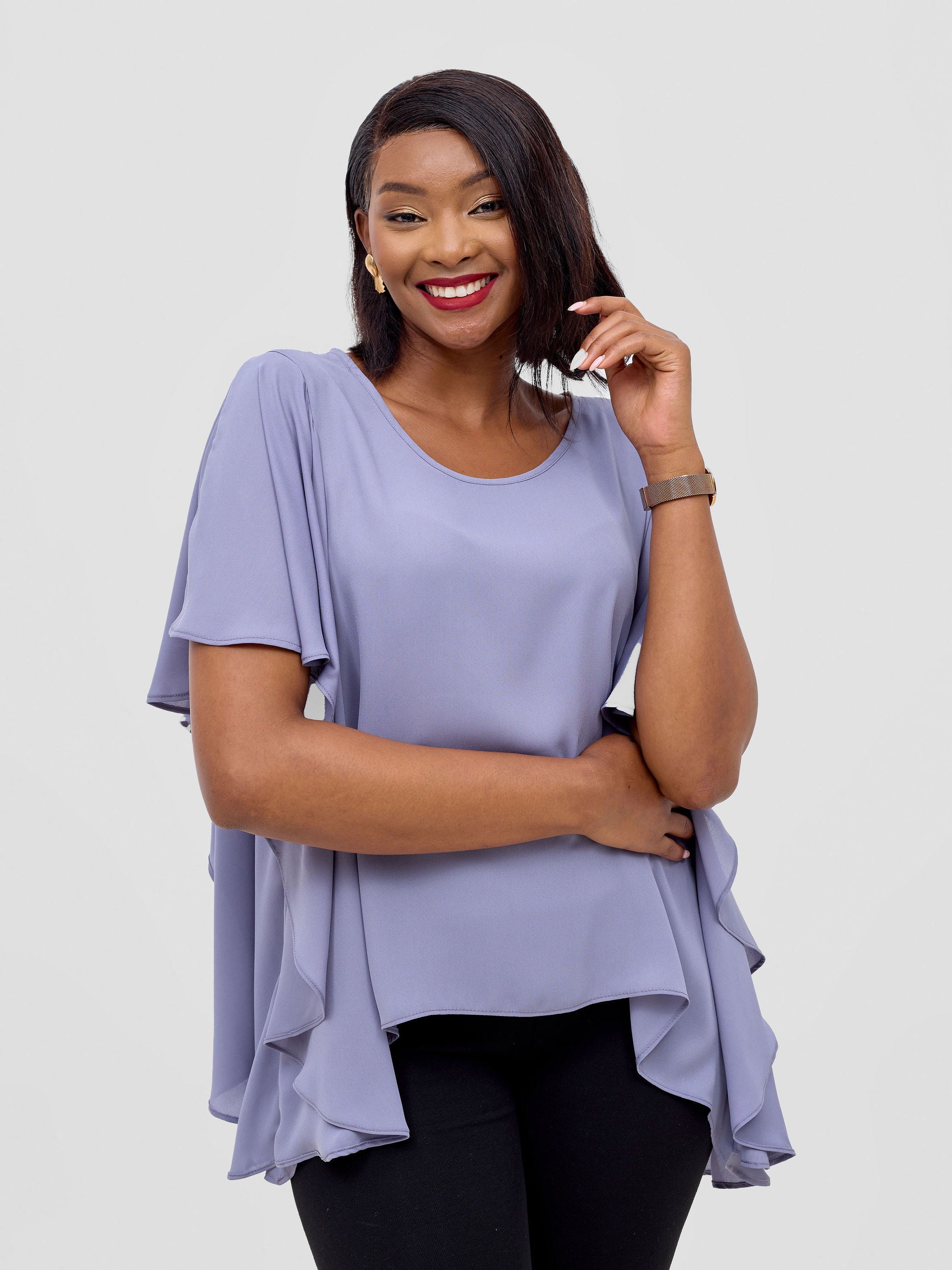 Vivo Meli Ruffle Sleeve Top - Grey