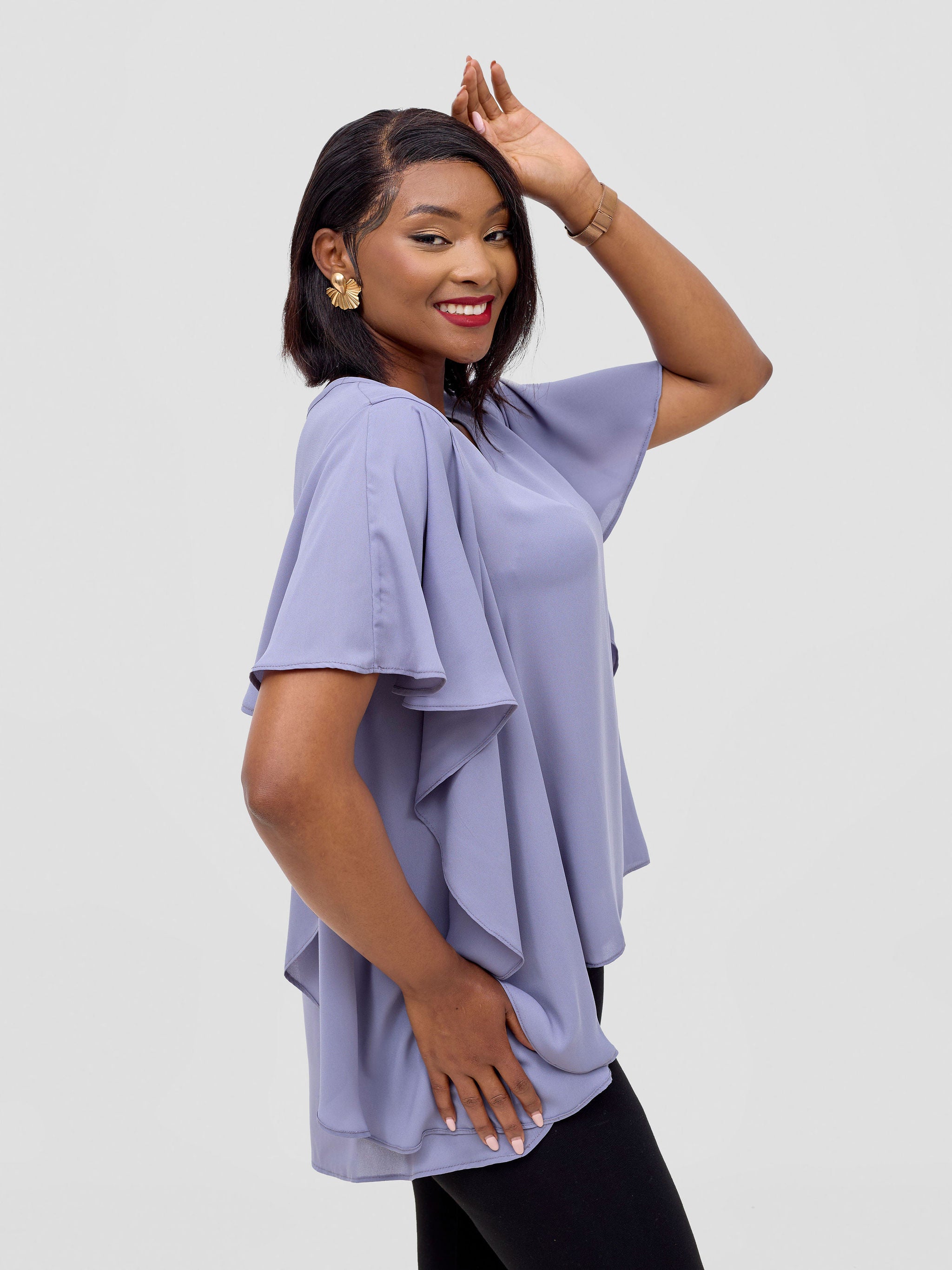 Vivo Meli Ruffle Sleeve Top - Grey